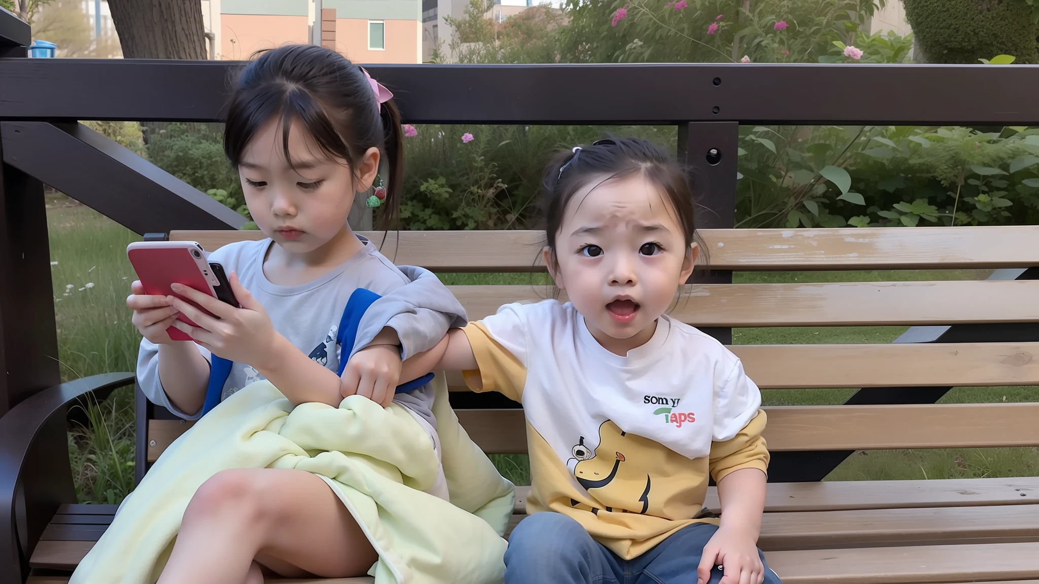 Two sitting on bench looking at their phones, 2 years olia and brom, taken with sony alpha 9, Ruan Jia and Fenghua Zhong, photo taken with canon 5d, Gamine, they are very serious, babies in her lap, jaeyeon nam, slideshow, at park, noon, Portrait image