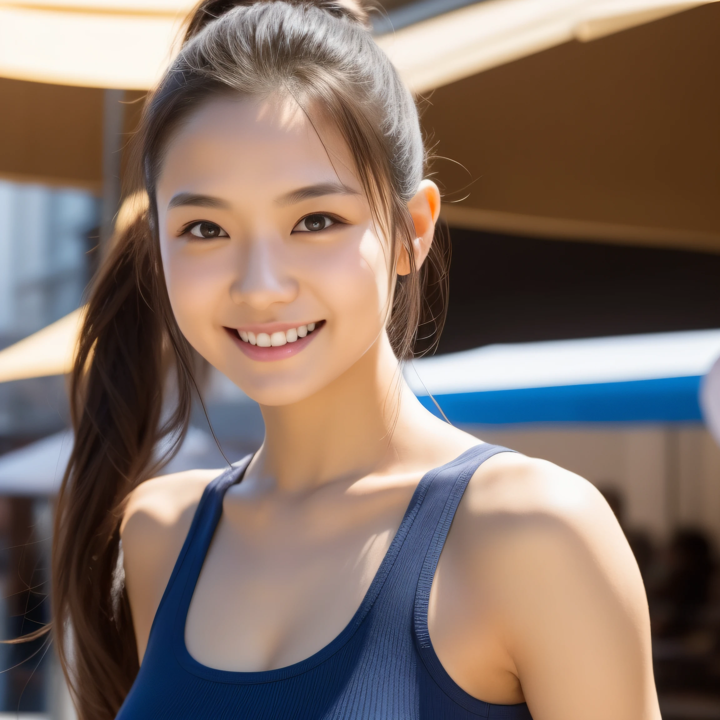 ultra-detailed, 1 girl, Asian, athletic body, realistic skin texture, long hair, low ponytail, (breasts:1.0), smile, gaze at viewer, cropped T-shirt, skinny T-shirt, tight tank top, micro mini skirt, movie lighting, face focus, fine eyes, detailed face, well lit face, sunny day, outdoor cafe in background