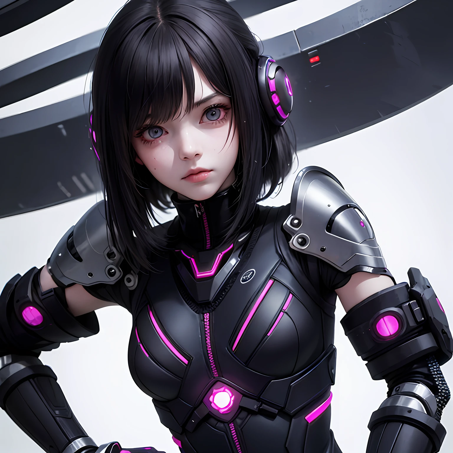 cyber punk perssonage, s girl, Mechanical prosthesis,Sad eyes, jitome, From below, afofuturism,Textured skin, High details