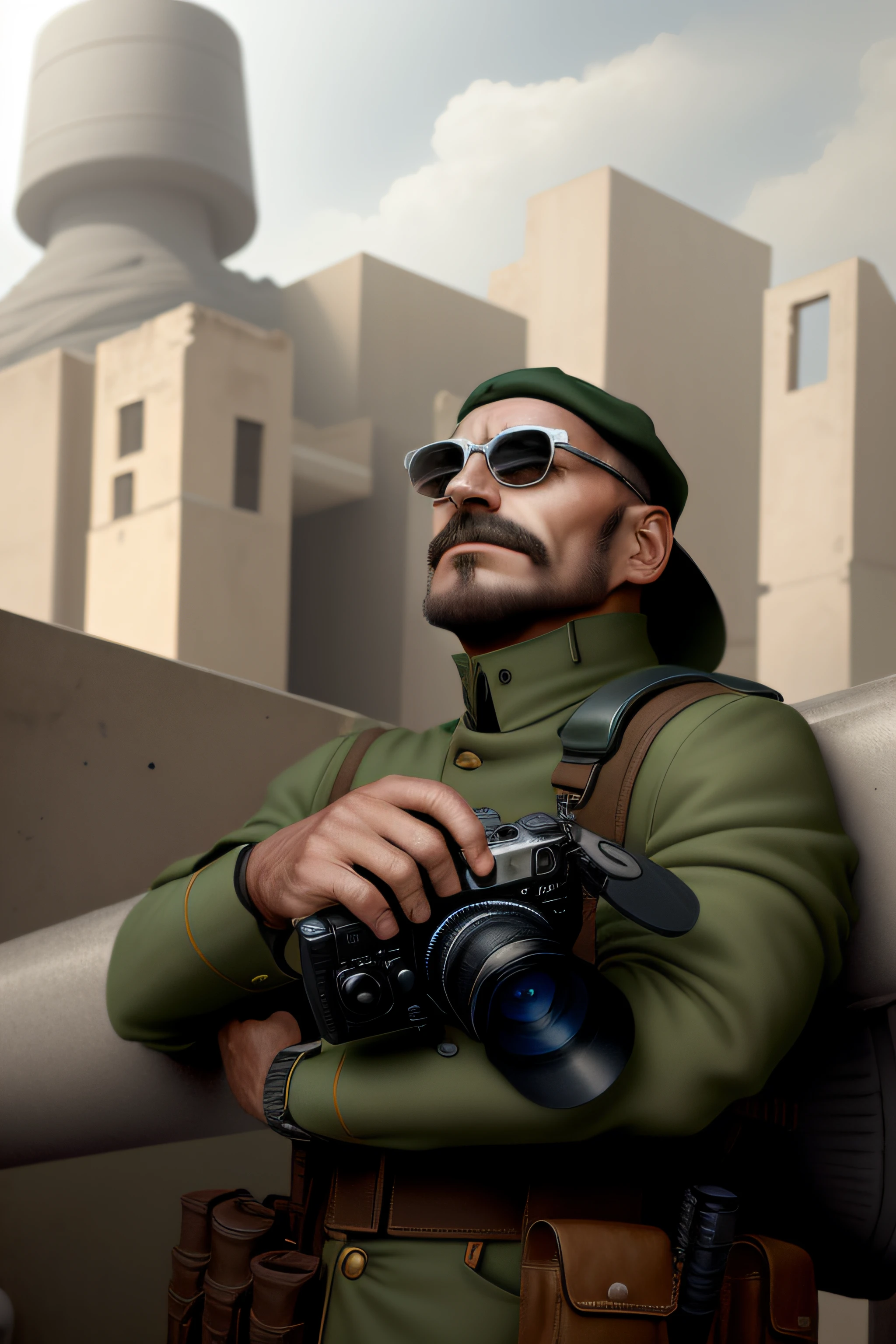 There's a man with a camera and a hat, militar, futurista