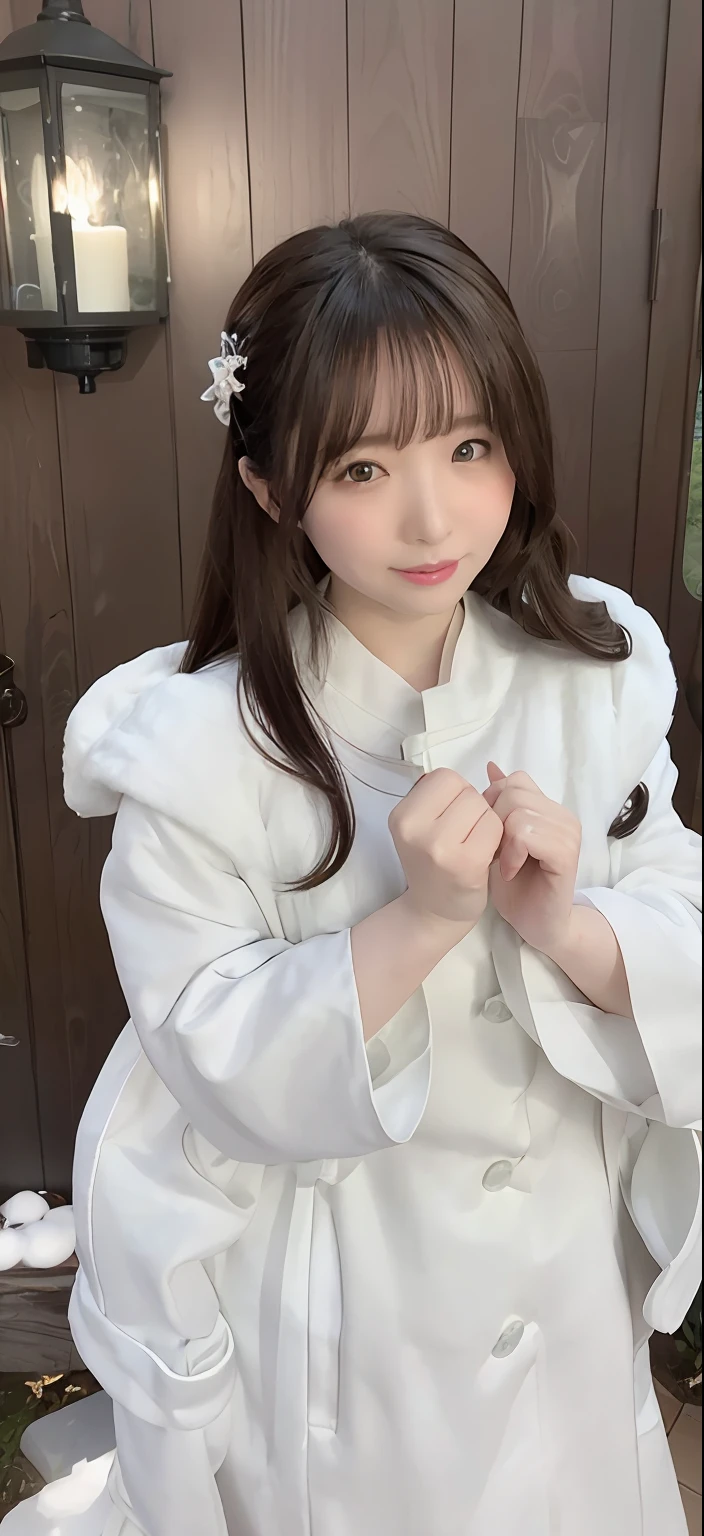 Araki woman in white coat poses for a photo in front of a wooden fence, white hime cut hairstyle, pale snow-white skin, White Hanfu, pale milky white porcelain skin, Milky white skin, twintails white_mitts, shikamimi, pale young ghost girl, dressed in simple robes, wearing long white togas, cleavage，ulzzangs, 8K!!