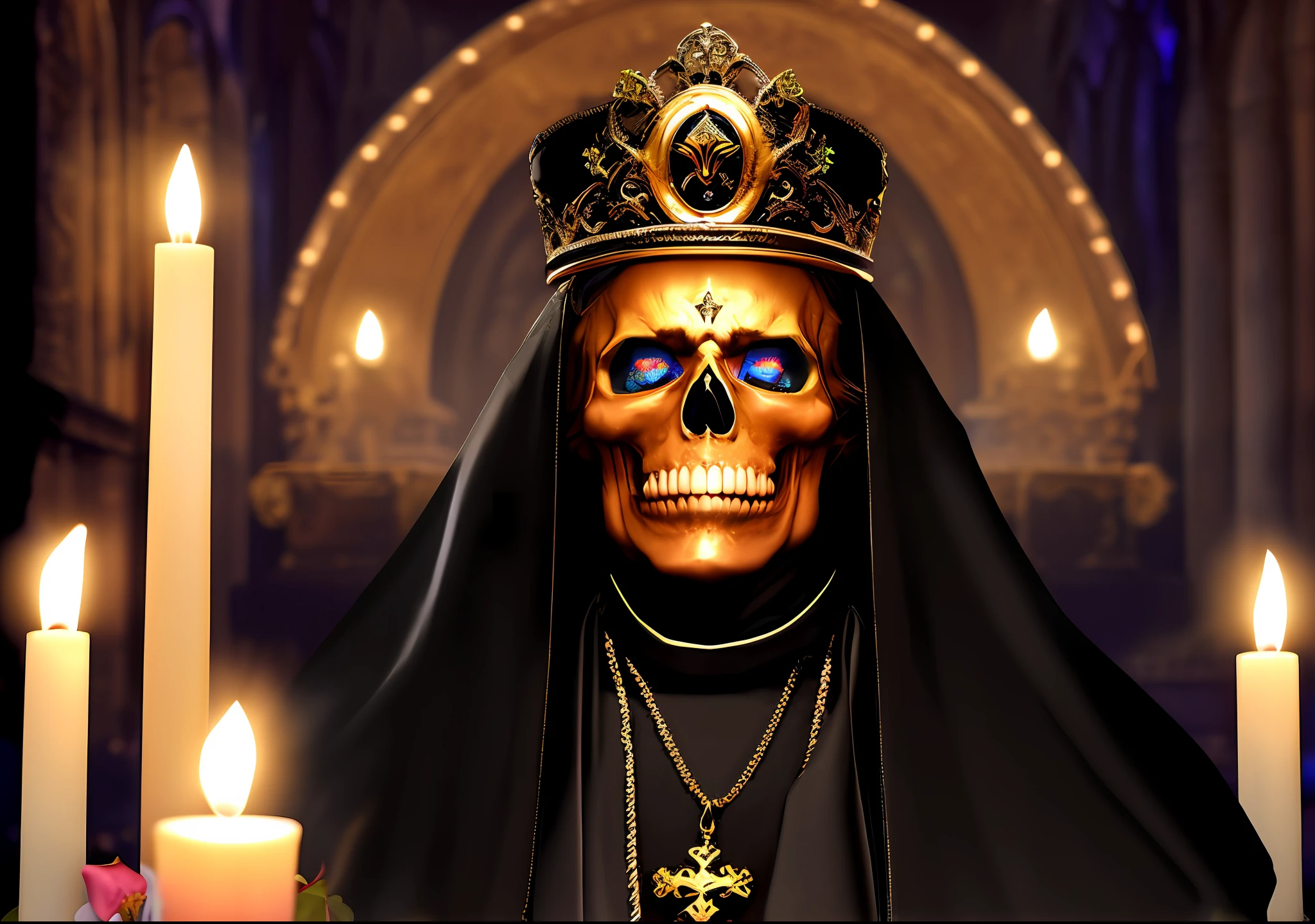 a waist up skull faced portrait of an evil demented CHV3CZombie, CHV3CReaper style zombie priest of death adorned in ornate royal black robes and a Papal tiara at a sinister crypt altar, candles, and roses, high resolution, award-winning picture in the style of the diablo video game franchise, centered, perfect composition, Professional, masterpiece, commissioned, best quality, Color Corrected, fixed in post, emended, ameliorated, idyllic