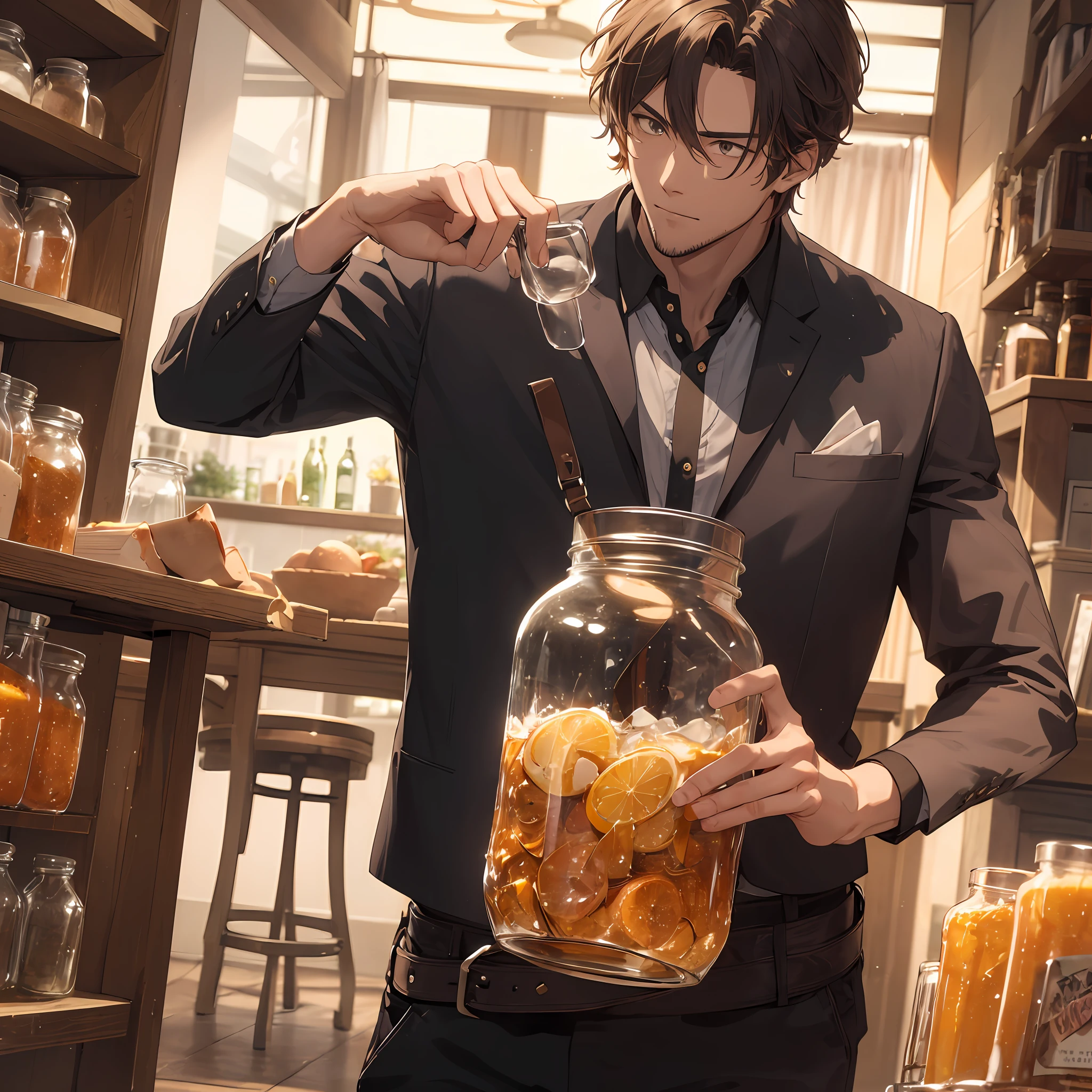A handsome man,Clear facial features,The action of holding a large jar and drinking,The background is indoors