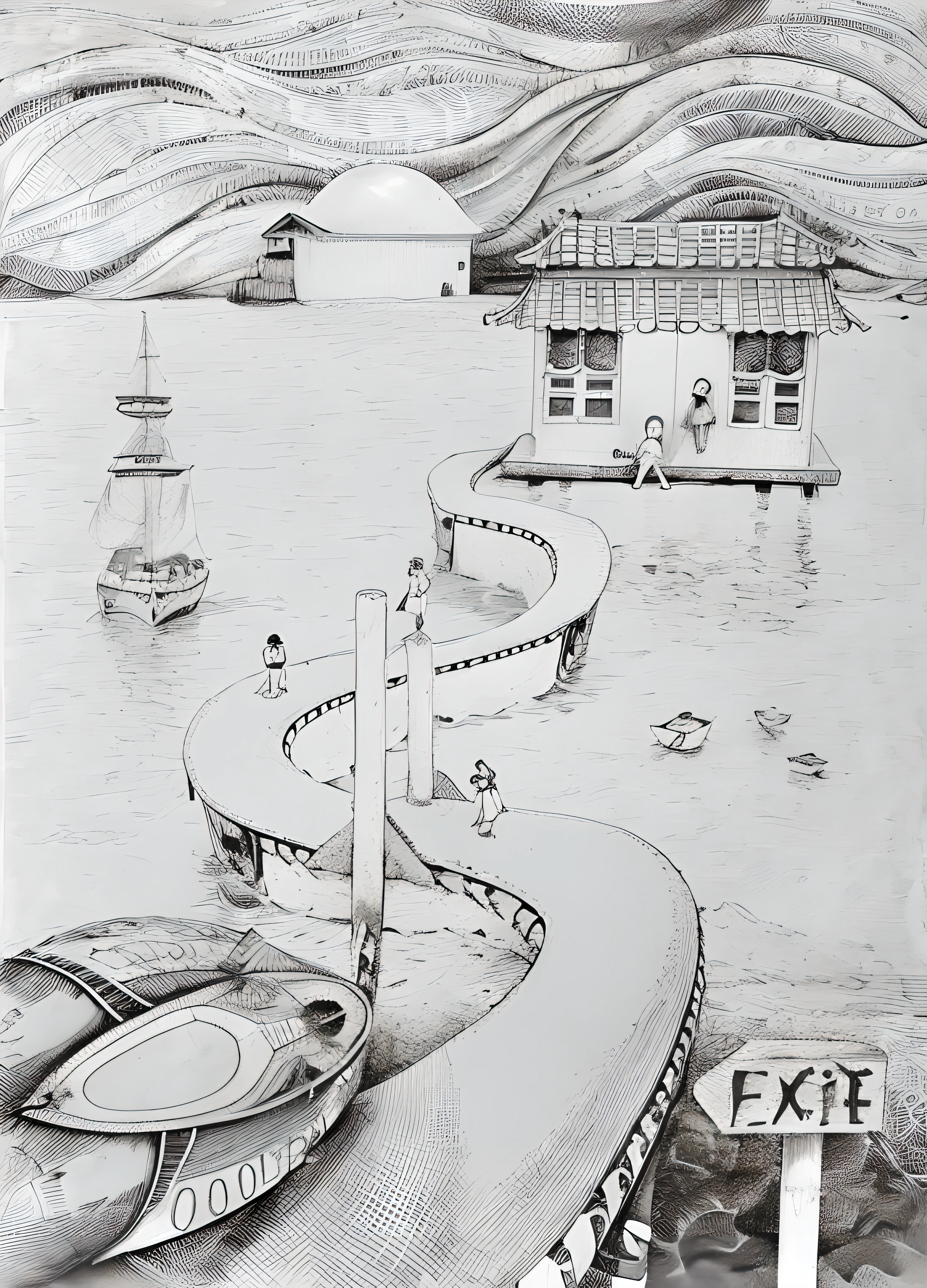 Painting boats on the beach,There is a house in the background,Paintings with surreal themes,sketch of a lucid dream,Black and white illustration,Hyper-realistic illustration,pencil and ink drawing,author:Maximilian Jimsky,pen and ink illustration,monochrome drawing,author:Jan Kip,Surreal!!!,Inspired by Remedios Varro,pen and ink illustration。