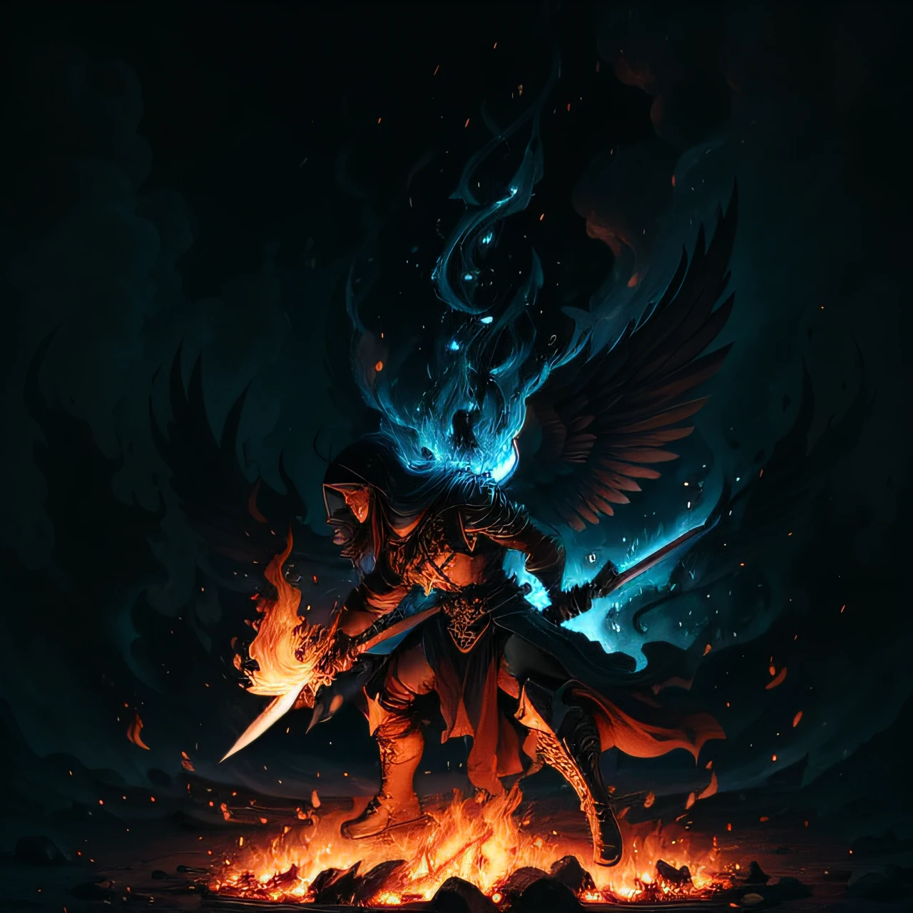 Black angel wielding a fire sword Black fire