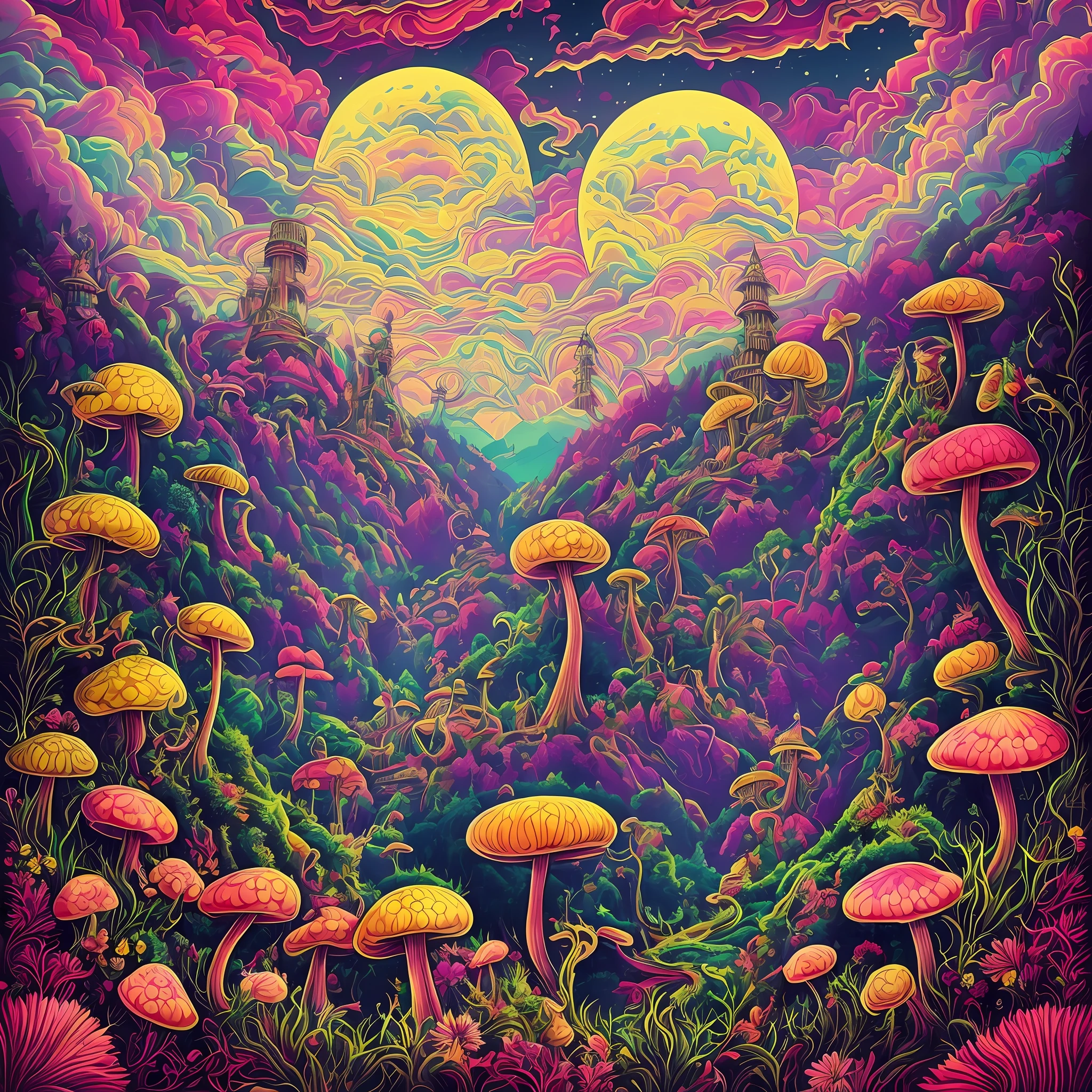 A hill with a bunch of mushrooms with leaves and flowers of cannabis sativa, a sky composed of mandalas, a big moon in the sky almost hidden by multicolored mandá-las psychedelic clouds, Arte Trippy, psychedelic mushrooms dream, psychedelic illustration, cogumelo trippy, psychedelic trip, psychedelic acid trip, psychedelics, psychedelic mushrooms, just take a pinch of psychedelic, psychedelic style, Dan Mumford e Alex Grey Estilo, psychotropic psychedelic, psychedelic art style, psychedelic artwork, psychedelic surreal art, psychedelic aesthetic, psychedelics cannabis sativa’s flowers in a garden, and the sky composed of mandalas