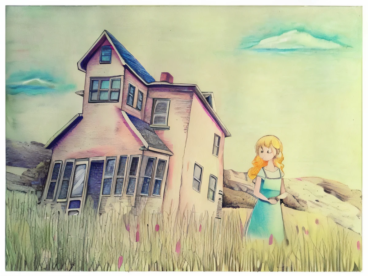 Painting a girl in a blue dress standing in front of a pink house, color pencil sketch, color pencil sketch, color pencil sketch, color drawing, house on a hill, water color and pen, watercolor pencil + Ink drawing, color drawing, inspired by Whitney Darrow, colorized pencil, author：Judith Brown, color pencil sketch, drawn with colored pencils