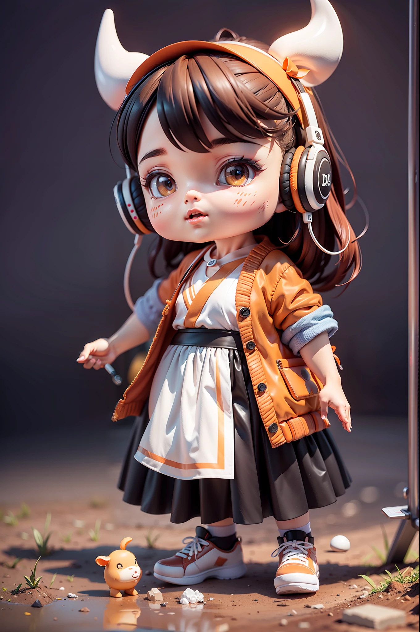 (Daisaku),(Need),(Super meticulous),(full bodyesbian:1.2),(soio),orange color theme,cow horn, Magician,adolable,girly face,Open-mouthed,Earphone,cow horn,Popmart blind box,Clay texture,Treading on the ground,Black and white background,natural lightting,Best quality at best,Hyper-detailing,arte 3D,C4D, OC renderer, a 3D render, 8K