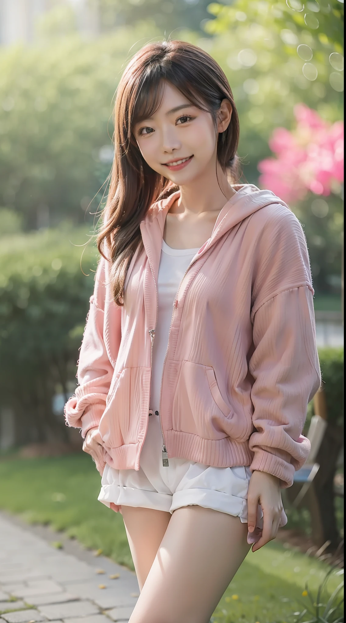 A pink Chinese girl smiles standing on a path in the park，Canon camera 65mm shooting(Background bokeh:0.45)，Realistic image quality，super detailing