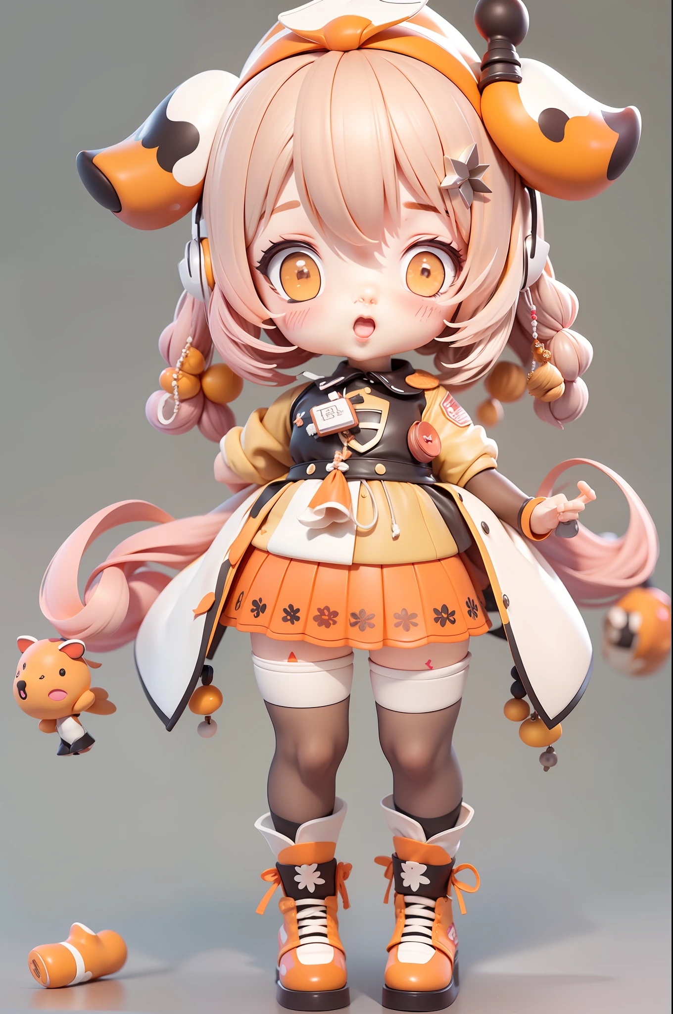 (Daisaku),(Need),(Super meticulous),(full bodyesbian:1.2),(soio),orange color theme,cow horn，Loli Magician,adolable,girly face，Open-mouthed,Earphone,cow horn,Popmart blind box,Clay texture,Treading on the ground,Black and white background,natural  lightting,Best quality at best,Hyper-detailing,arte 3D,C4D, OC renderer, a 3D render, 8K
Wait for it to start