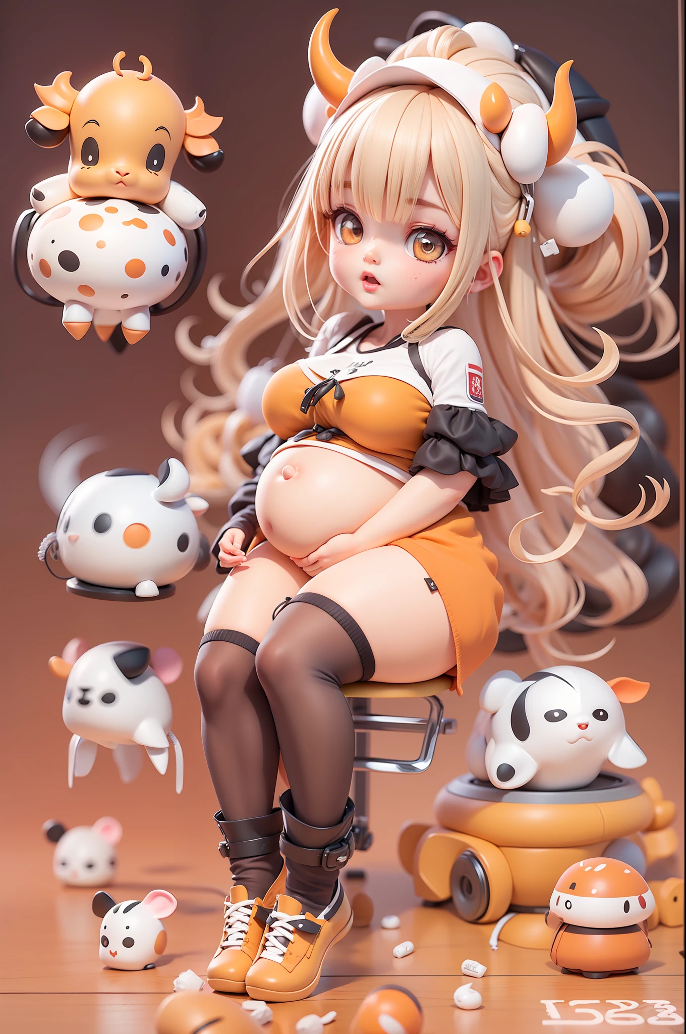 (Daisaku),(Need),(Super meticulous),(full bodyesbian:1.2),(soio),orange color theme,cow horn,Loli Magician,adolable,Girly face,Open-mouthed,Earphone,cow horn,gravid,Pregnant woman belly popmart blind box,Clay texture,Stepping on a round wooden floor,Black and white background,natural lightting,Best quality at best,Hyper-detailing,arte 3D,C4D, OC renderer, a 3D render, 8k
Wait for it to start
