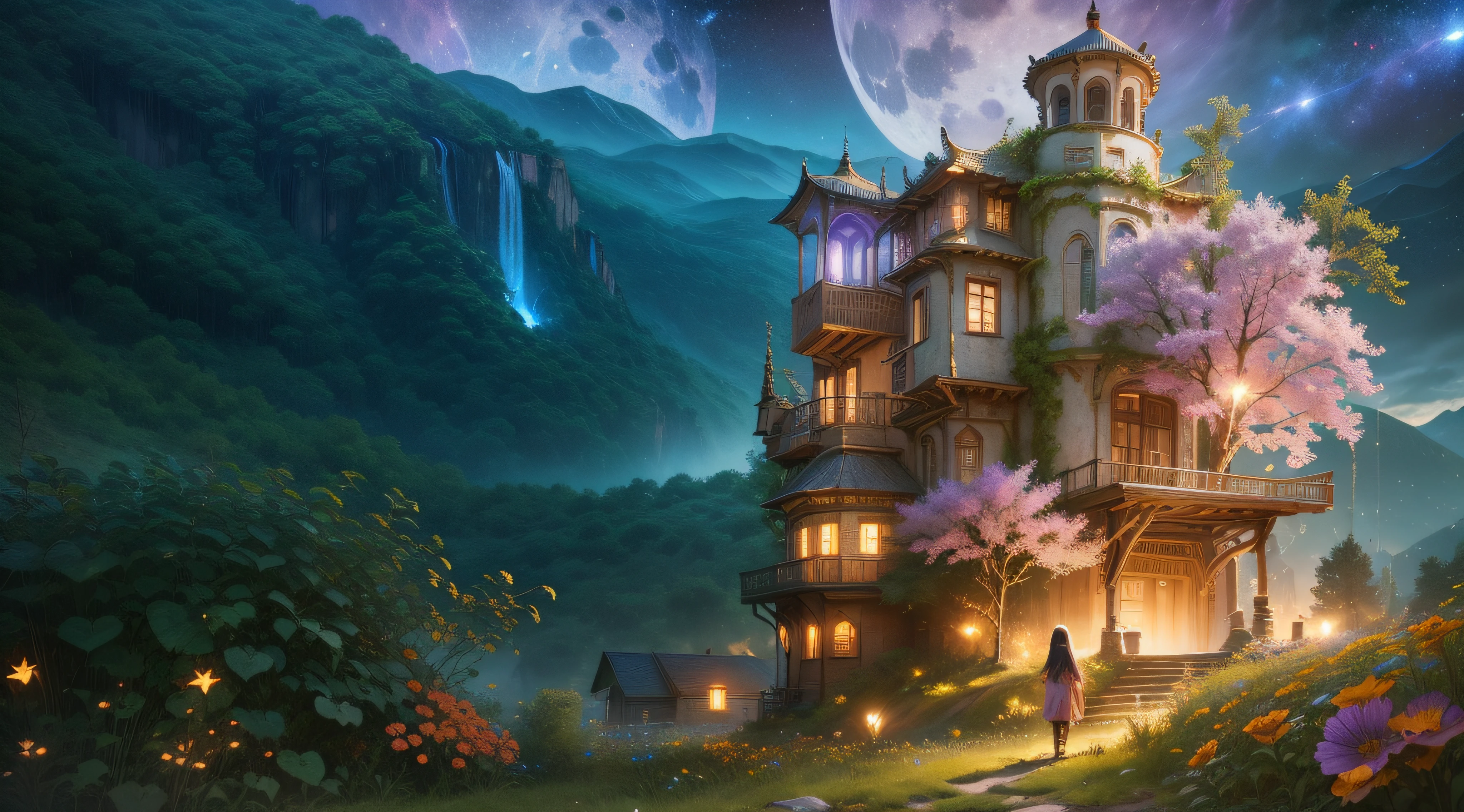 background, expansive landscape photograph , (a view from below that shows sky above and open field below), a girl standing on flower field looking up, (full moon:1.2), ( shooting stars:0.9), (nebula:1.3), distant mountain, tree BREAK production art, (warm light source:1.2), (Firefly:1.2), lamp, lot of purple and orange, intricate details, volumetric lighting BREAK (masterpiece:1.2), (best quality), 4k, ultra-detailed, (dynamic composition:1.4), highly detailed, colorful details,( iridescent colors:1.2), (glowing lighting, atmospheric lighting), dreamy, magical, (solo:1.2) --auto