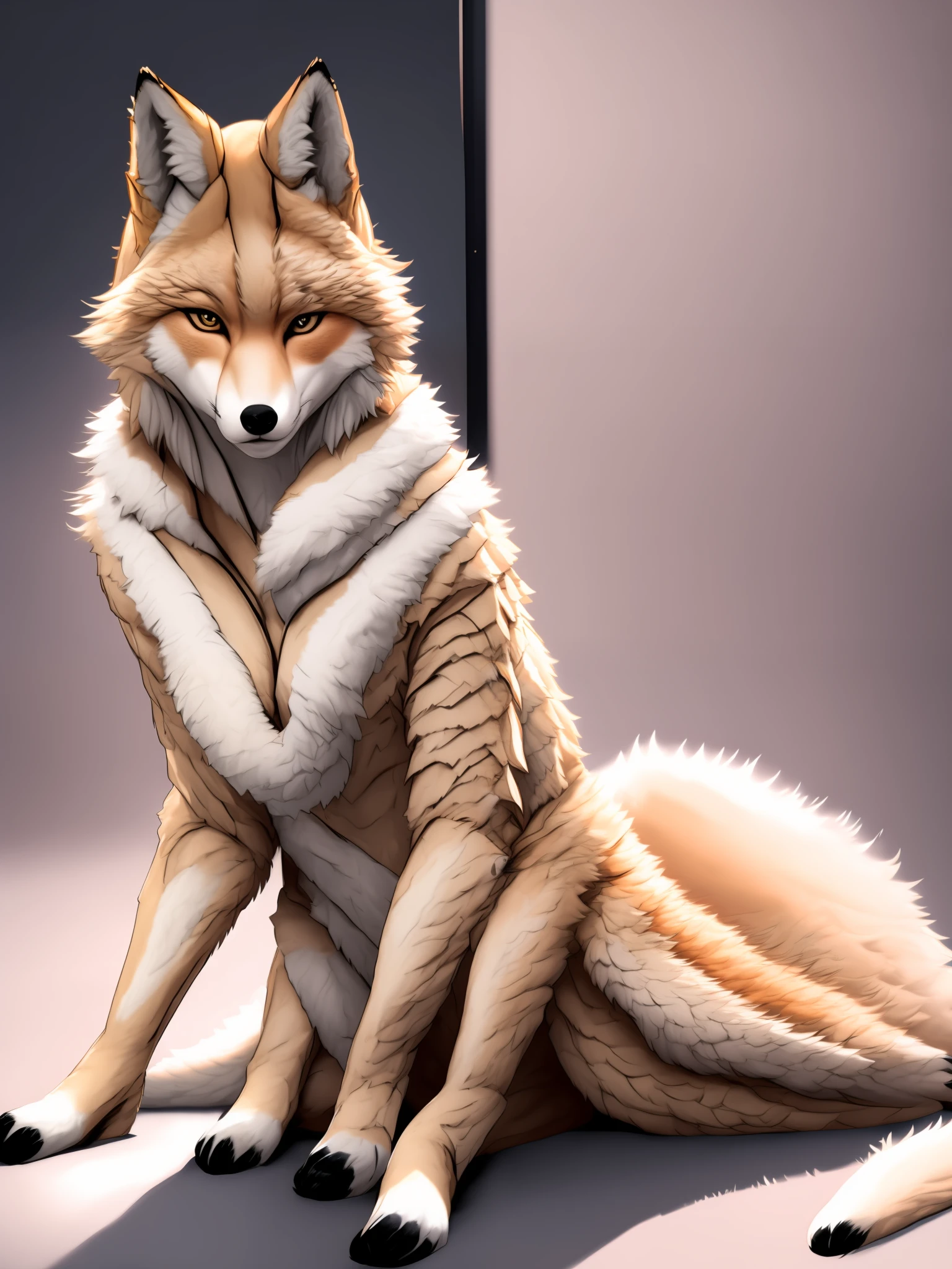 A woman was sitting on the floor，Next to it is a furry animal, Female anthropomorphic wolf, Kitsune-inspired armor, Furry Fantasy Art, very very beautiful furry art, Anatomically accurate., Female Fursona, Female fox, Humanity Art, Furry wolf, Beautiful fox lady, holo is a wolf girl, commission for high res, mating