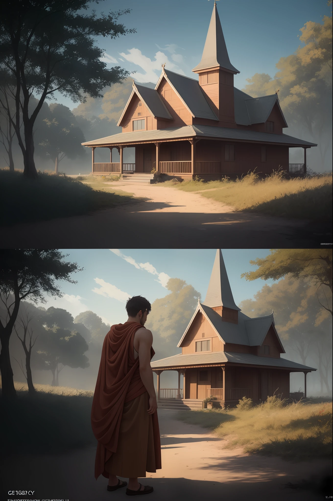 a monk is talking to a man, wearing a real robe, the temple is in the forest, raw photo, surreal photo, unreal engine 4, 8k, super sharp, detailed colors, wide color coverage, extreme scene detail, shading, anti -aliasing, error detail smoothing, raw photo, surreal image, unreal engine 4, 8k, super sharp, detailed colors, wide color coverage, extremely high scene detail, shading, anti-aliasing, error detail smoothing, raw photo, surreal photo, 4.8k unreal engine, super sharp, detailed color, wide color coverage, extremely high object scene detail, (8k, RAW photo, best quality, masterpiece: 1.2), (realistic, photo- realistic: 1.37), modelshoot style, (extremely detailed CG unit 8k wallpaper), professional majestic oil painting by Ed Blinkey, Atey Ghailan, Studio Ghibli, by Jeremy Mann, Greg Manchess, Antonio Moro, trending on ArtStation, trending on CGSociety, Intricate, High Detail, Sharp focus, dramatic, photorealistic painting art by midjourney and greg rutkowski, scene detail extreme objects, shading, anti-aliasing, error detail smoothing