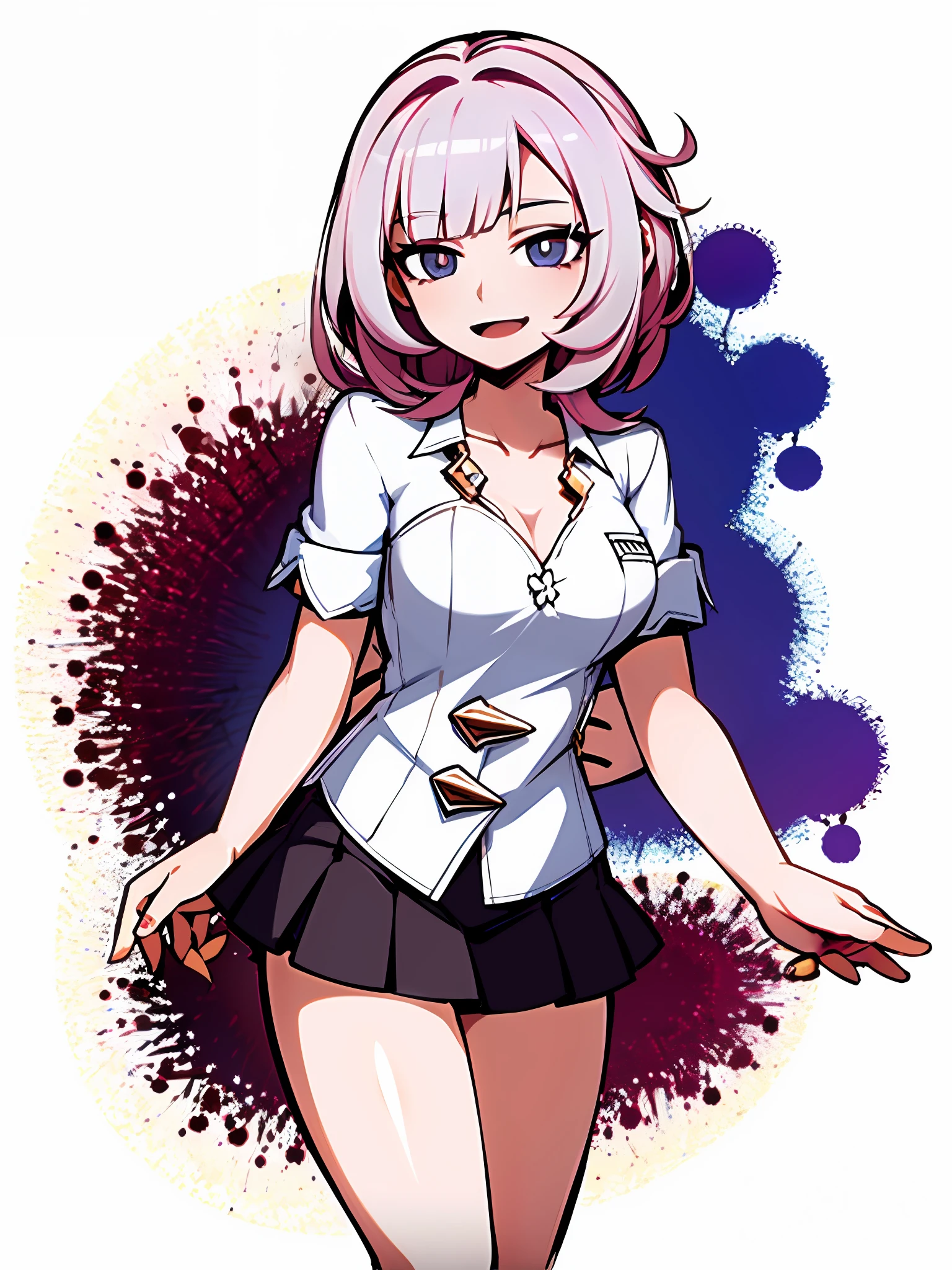 ((masterpiece, best quality)), (1girl), (solo), (female focus), (ahoge, white hair, short hair), black eyes, light smile, open mouth, ((white shirt), (buttoned shirt), (button gap)), ((black skirt), (short skirt)), standing, white background, arms behind back, dynamic angle