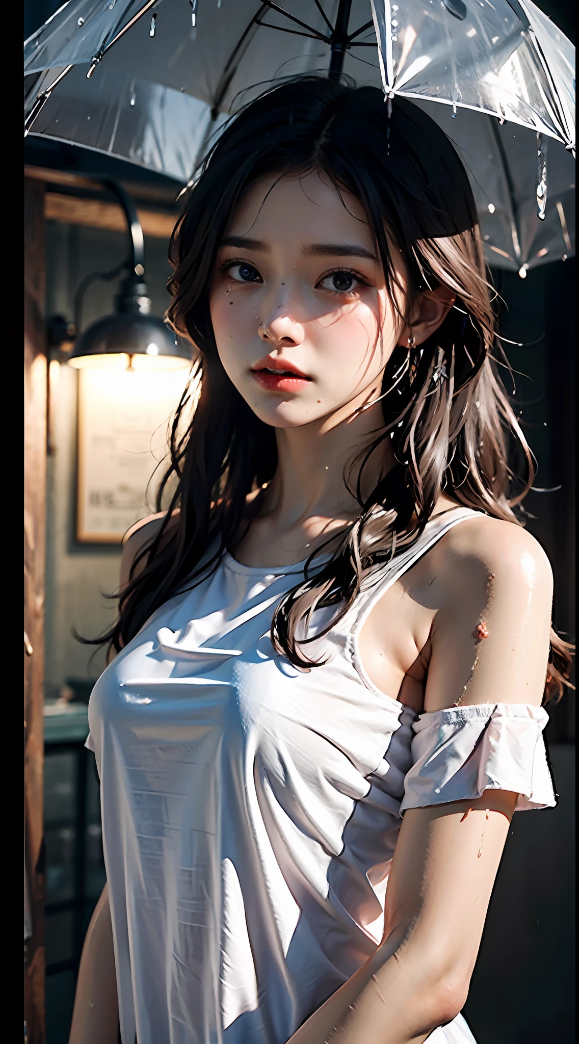 Best Picture Quality, tmasterpiece, 超高分辨率, (fidelity:1.4), photore, 1 rapariga,,white shirt, dimly lit, darkly, , cute little, cinematic ligh, tears, tear drop, (torn laundry:2.0), (wetclothes:1.9), exposed bare shoulders, Real rain, Wet hair,see-through transparent clothes