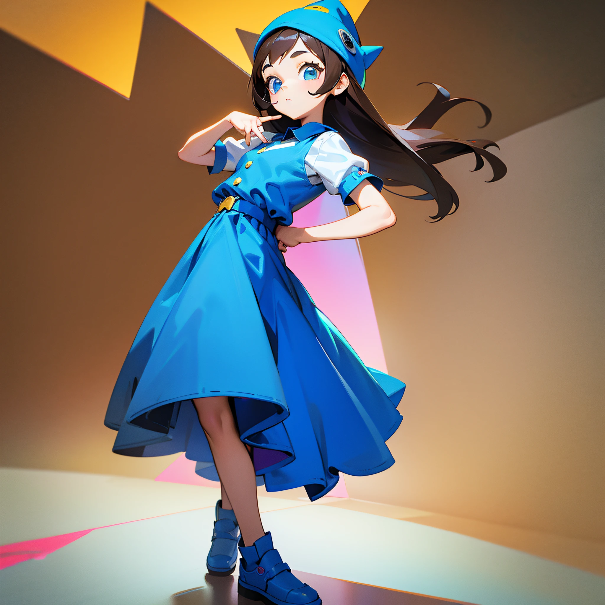 little girl character, multiple poses and expressions, popart illustration style, simple, cute, 3 years old girl, fullcolour, blue shoes, blue dress, blue hat,long brown hairno outline,clay,oc render,3d --auto