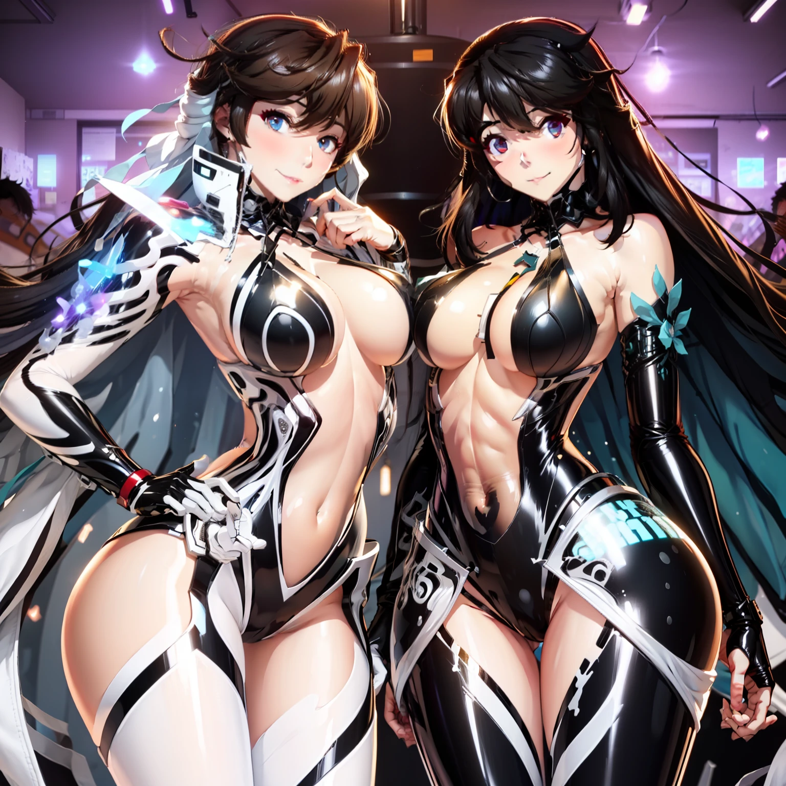 anime - style image of two women in black and white costumes, oppai cyberpunk, focus on two androids, gainax anime style, cutesexyrobutts, black-white skintight robes!, cybersuits, nsfw version, commission for high res, anime robotic mixed with organic, by Shingei, gynoid body