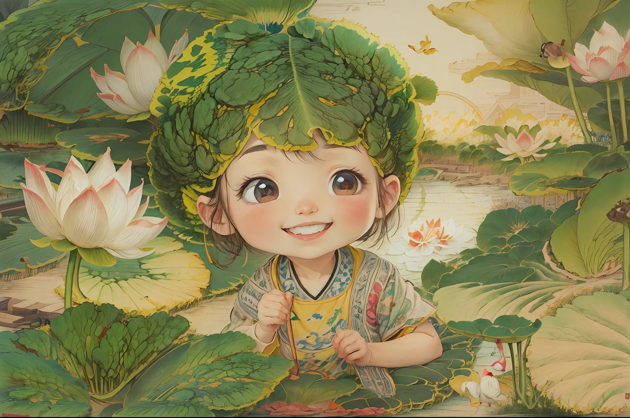 3 children picking lotus flowers in the lotus pond playing，Show a happy smile，The sun shines softly on the water，bird's eyes view，a cartoon illustration