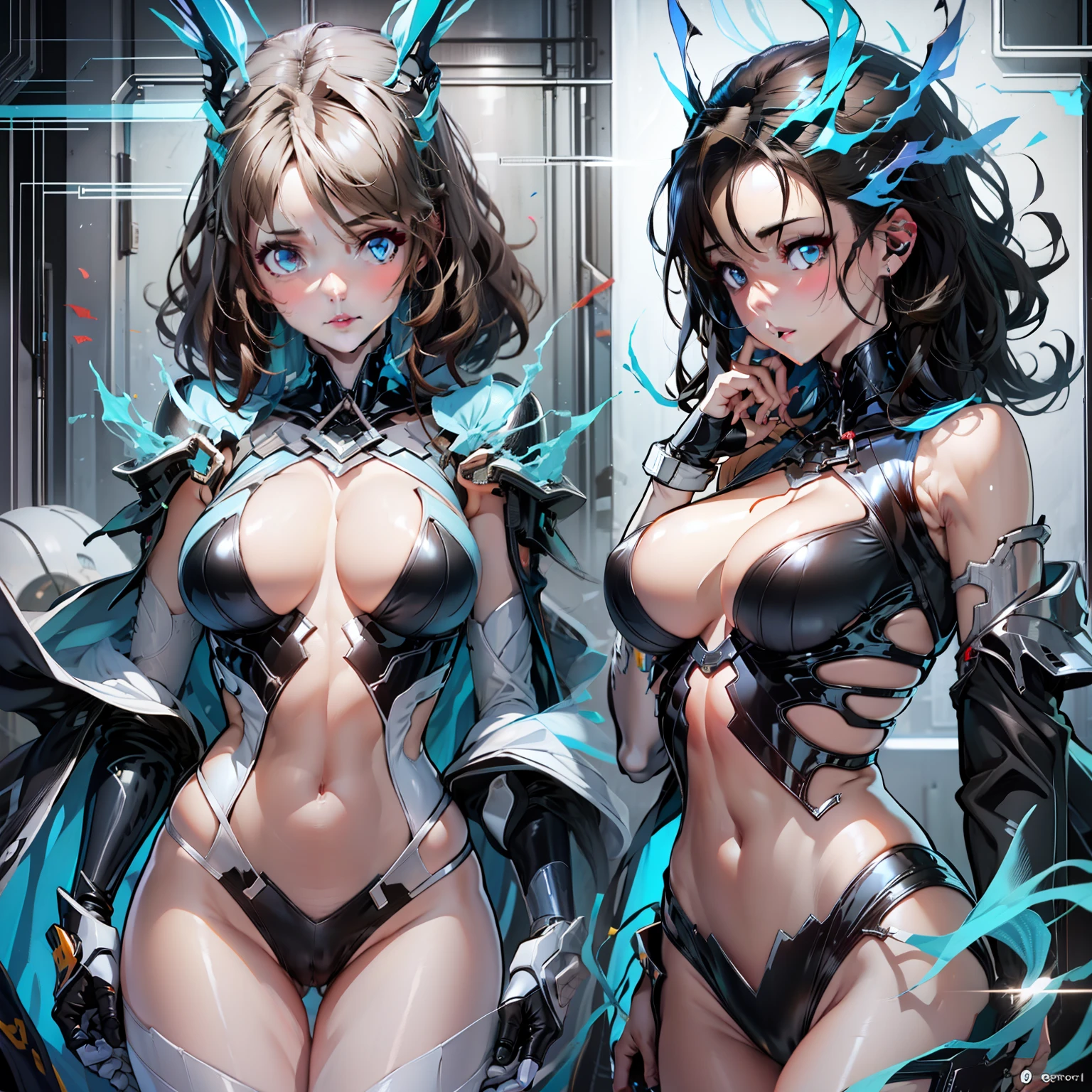anime - style image of two women in black and white costumes, oppai cyberpunk, focus on two androids, gainax anime style, cutesexyrobutts, black-white skintight robes!, cybersuits, nsfw version, commission for high res, anime robotic mixed with organic, by Shingei, gynoid body