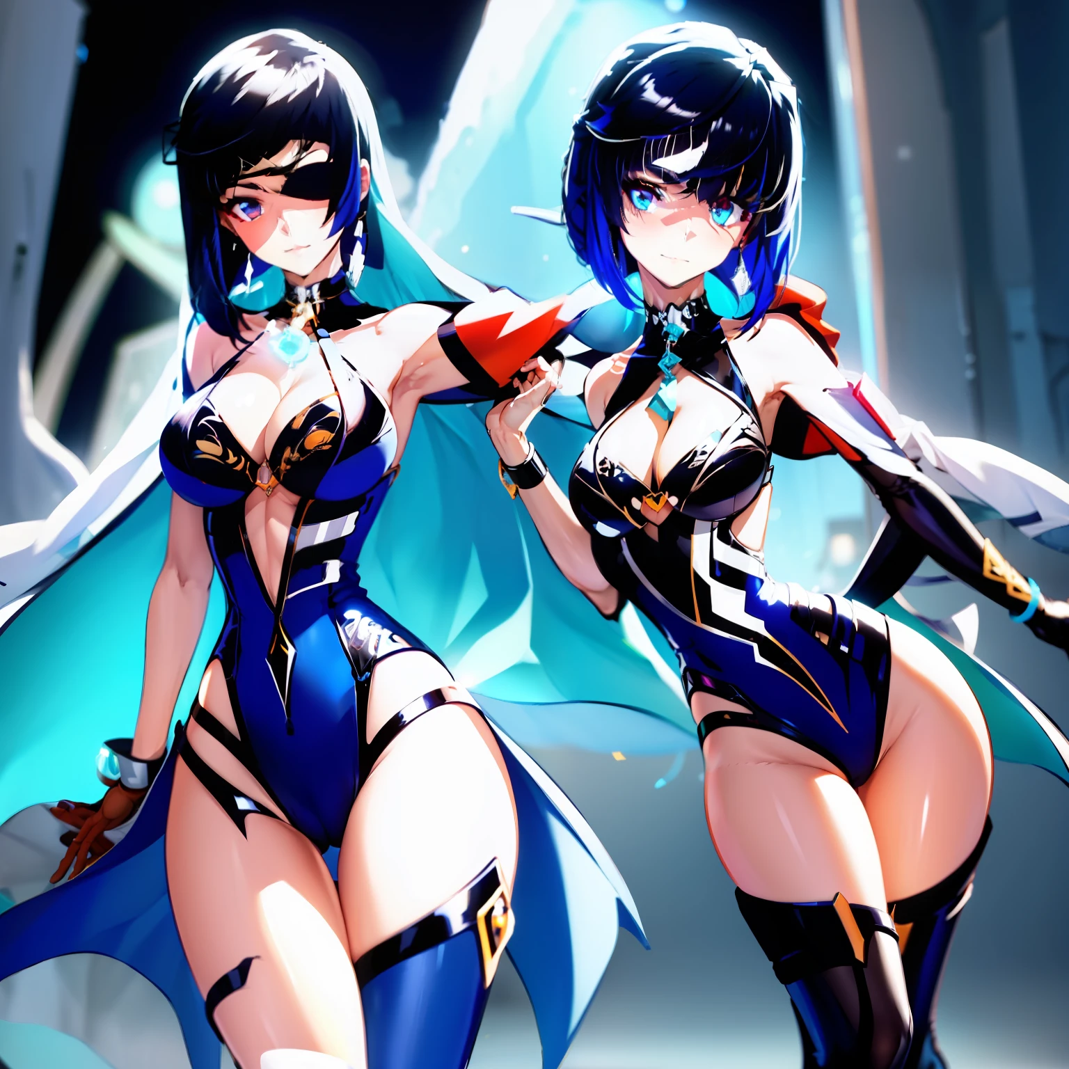 anime - style image of two women in black and white costumes, oppai cyberpunk, focus on two androids, gainax anime style, cutesexyrobutts, black-white skintight robes!, cybersuits, nsfw version, commission for high res, anime robotic mixed with organic, by Shingei, gynoid body