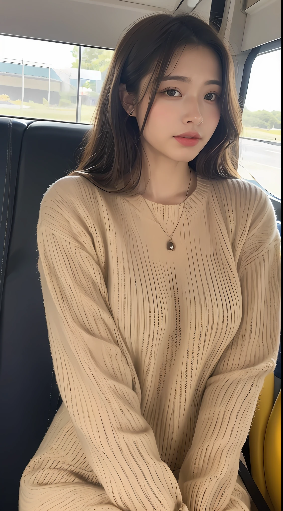 ((Melhor Qualidade, 8k, Obra-Prima:1.3)), Foco:1.2, Beleza Corporal Perfeita:1.4, butt:1.2, ((Cabelo Delicado)), (Sweater Dress:1.1), Textura altamente detalhada do rosto e da pele, Olhos detalhados, 二重まぶた, Clareamento da pele,(seios gigantescos:1.6), Sorrir, Usando colares, rings, on the bus,