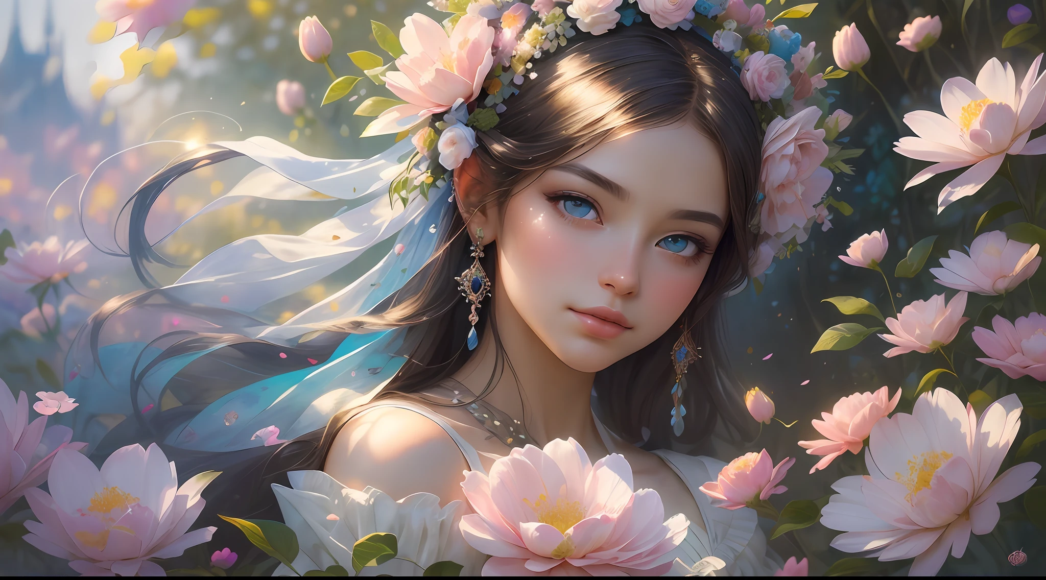 This artwork is dreamy and ethereal, with colors drawing inspiration from gentle watercolors, primarily pink. Generate a delicate and demure flower maiden with soft, realistic hair dancing in the breeze. Her sweet, realistic face is extremely detailed and has puffy, big lips and stunning, highly realistic eyes. Her eyes are important and should be realistic, highly detailed, and beautiful. The flower maiden is wearing delicate and elegant fabric of silk and satin. She is surrounded by beautiful flowers of varying sizes and colors and flower petals dancing in the wind around her. The background is detailed, wild, and unruly, with wildflowers and wind and pollen creating a dynamic and compelling image. She wears an ornately flowered headdress that enhances her soft beauty. Include a soft watercolor sky. Include fantasy details, enhanced details, iridescence, colorful glittering wind, and pollen. Pay special attention to her face and make sure it is beautifully and realistically detailed. The image should be dreamy and ethereal.8k, intricate, elegant, highly detailed, majestic, digital photography, art by artgerm and ruan jia and greg rutkowski, (masterpiece, finely detailed beautiful eyes: 1.2), hdr, realistic skin texture, ((fantasy00d:1)), rays of light, ornate flowers, dew drops, sunlight, hazy rays of sun, flowergateway style, castle, palace, archway, flowers, growing