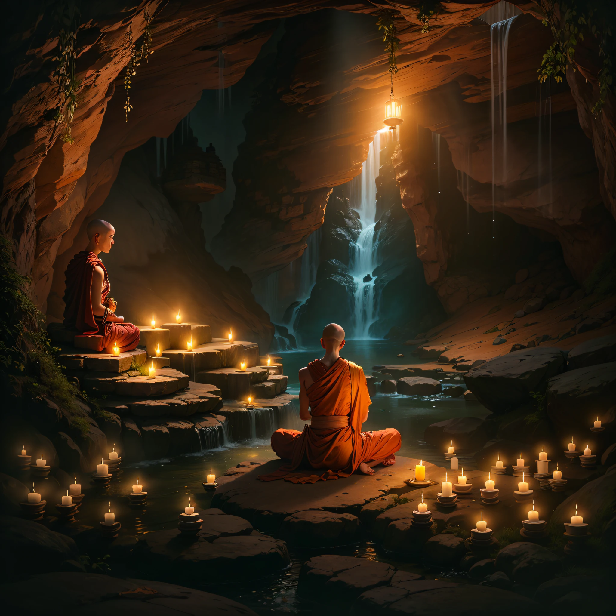 a person sitting in a cave with candles lit up, hindu stages of meditation, monk meditate, meditating, a mystical temple, praying meditating, buddhist monk meditating, glowing temple in the distance, floating in a powerful zen state, buddhism, meditation, buddhist, in a cave with the waterfall, mystical setting, underground temple, mysterious temple setting,