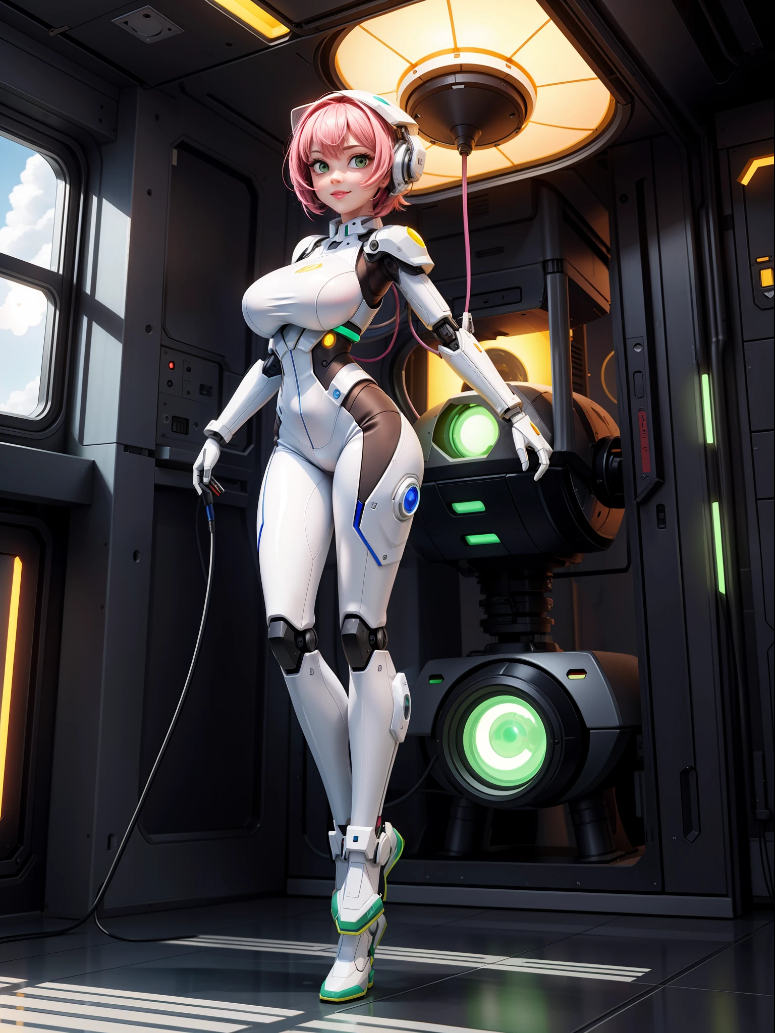 {((1woman))}, only she is {((wearing white mechanical suit with extremely tight and transparent black mechanical parts on her body)), she has ((extremely big breasts)), only she has ((very pink hair short, green eyes)), ((erotic pose)), only she is smiling and staring at the viewer, ((in a spaceship near the sun, window, teleport, robots in the background, equipment, machines on the walls))}, ((full body):1.5), 16k, best quality, best resolution, best sharpness