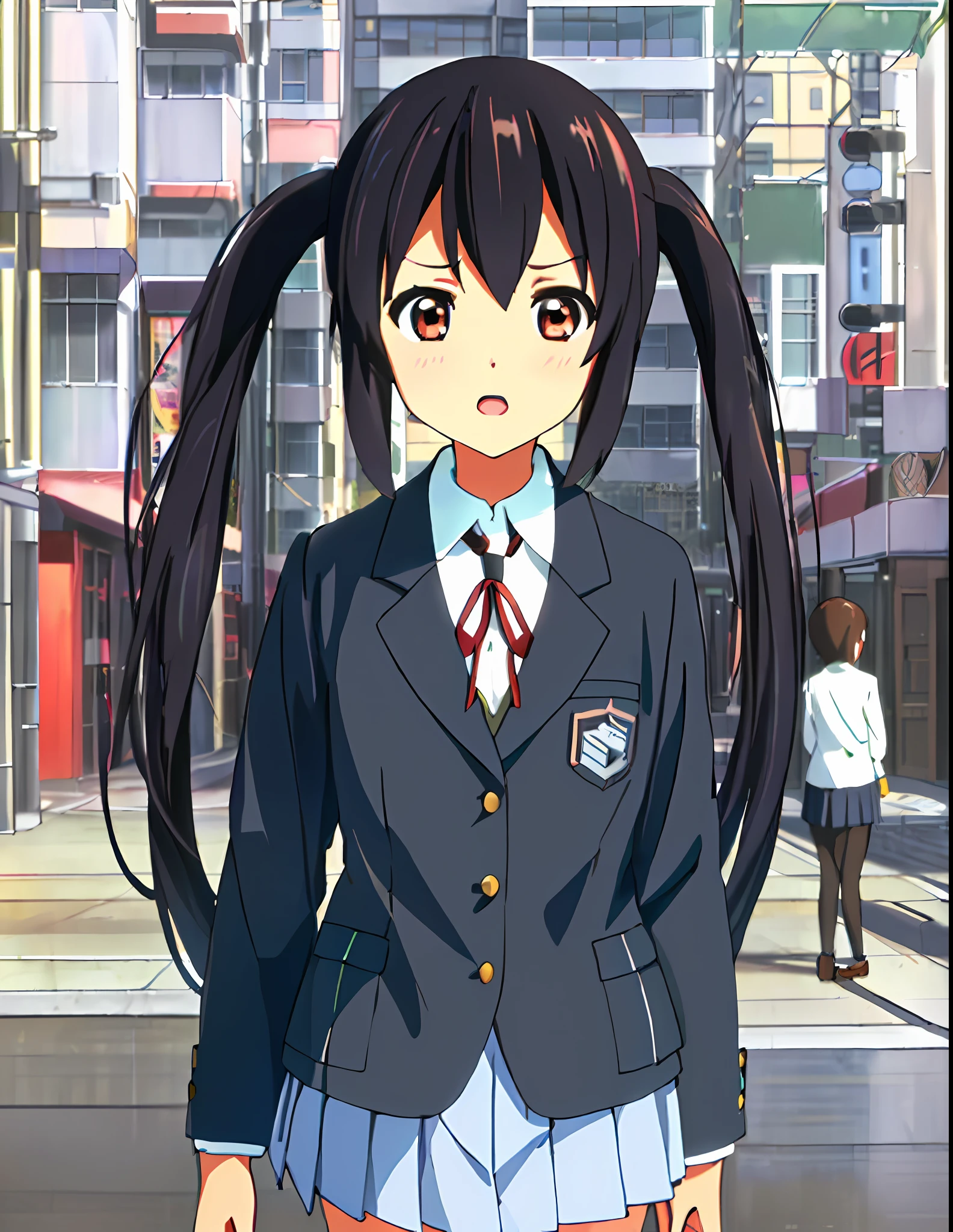 1girl, ((((Masterpiece))), Best Quality, Best Quality, High Detail, Azusa Nakano, 1girl, Sakuragaoka High School Uniform, Musical Instrument, School Uniform, Twin Tails, Long Hair, Black Hair, Brown Eyes, Solo, Red, Dark blue blazer with a thin ribbon of red, Solid white button shirt under blazer, Illustration, Cartoon, Soothing tones, Muted colors, Soft cinematic light, Adobe Lightroom, Photo Lab, HDR, complex and highly detailed, (((depth of field))))). (((Masterpiece))). (((highest quality))).) ((super detail))). (((Illustration))). (((外))).dynamic focus.small breasts. (((skyscrapers))). (((Cityscape))). (((Face of sadness))). open mouth. (((hands on hips))). (((Proud))).