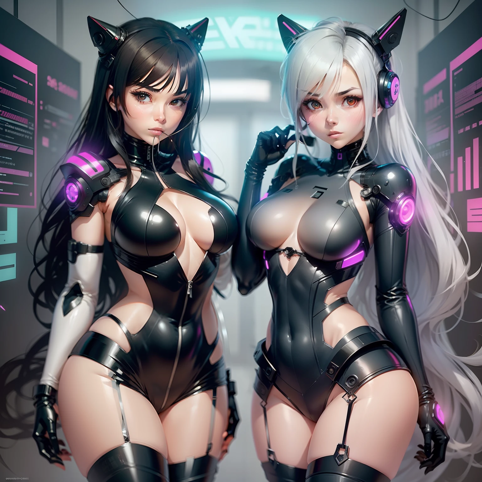 anime - style image of two women in black and white costumes, oppai cyberpunk, focus on two androids, gainax anime style, cutesexyrobutts, black-white skintight robes!, cybersuits, nsfw version, commission for high res, anime robotic mixed with organic, by Shingei, gynoid body
