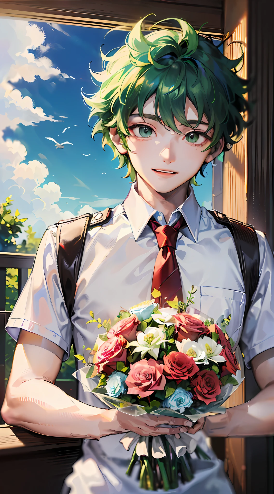 Master masterpiece、best qualtiy、8K、(16 years old male:1.5)、Midoriya Izuku,(short green hair and eyes:1.2),(Have a large bouquet:1.4)、A smile、White shirt with short sleeves、short red necktie、Beautiful sky background