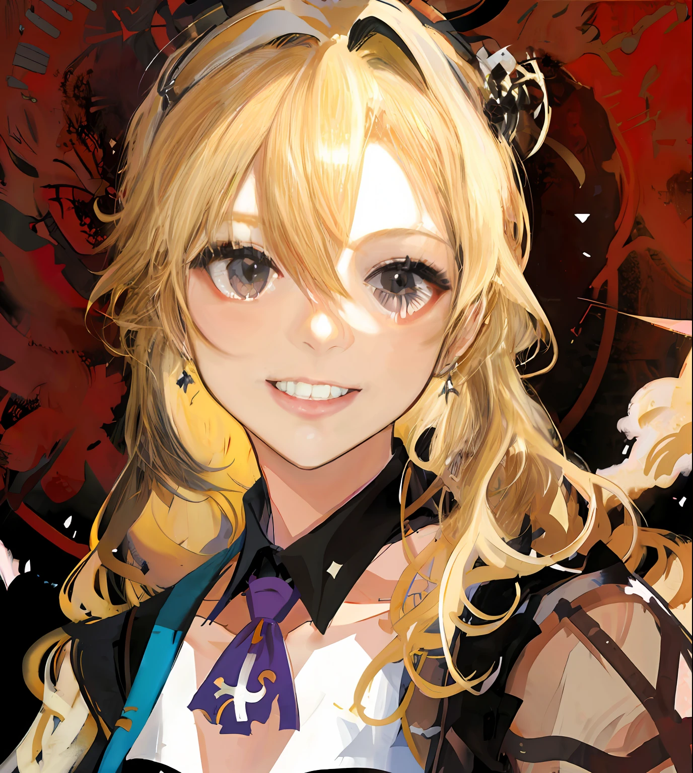 A painting of a woman with long hair and tie, clean anime outlines, Line sketch, Line sketch!!, anime sketch, clean lineart, Simple lines of art, inspired by Jin Homura, anime portrait of shiina ringo, linear art, perfect lineart, flat anime style shading, Outline sketch, thick black lineart, anime shading),The hair is blonde,Black eyes,The smile looks grim,A grim smile