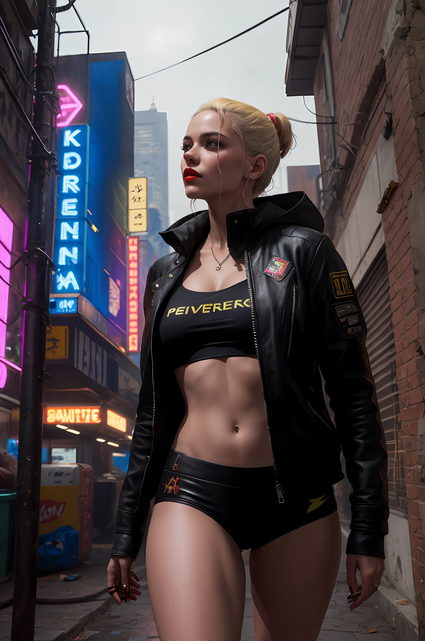 Close-up, neve, uma supermodelo muito bonita, blonde, com quadris muito largos e cintura estreita, full lips, cintura pequena e quadris grandes, Red lipstick, com roupas cyberpunk em uma cidade cyberpunk movimentada com placas de neon, neon lights, foco nítido, Studio photo, detalhes intrincados, altamente detalhado, profundidade de campo, foco nítido, High detail, textura de pele realista, Realistic, fotorrealista, arte digital, pintura fosca, Directed by: Greg Rutkowski