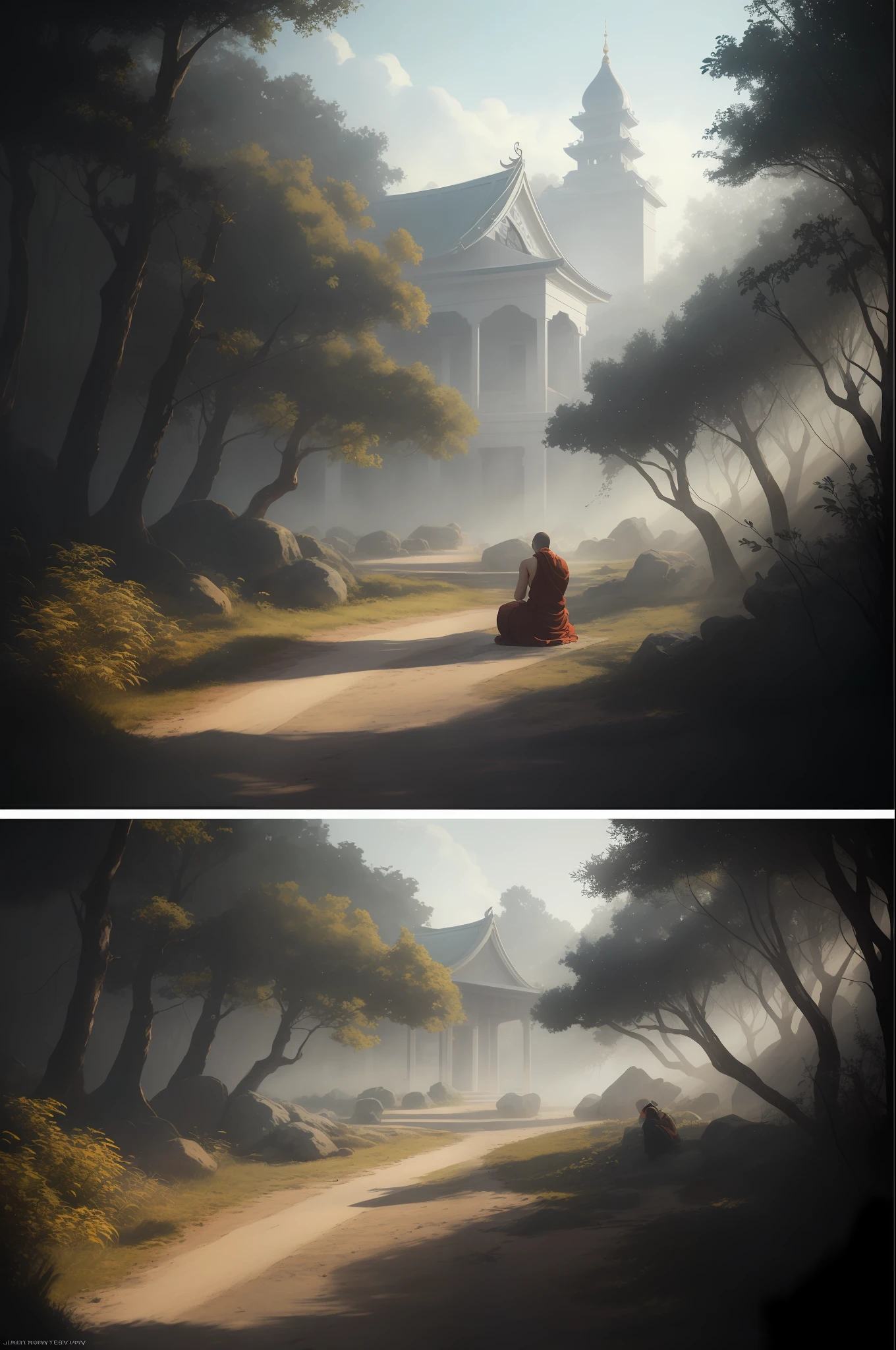 a monk is meditating, wearing a white robe in the temple, the temple is in the forest, raw photo, surreal photo, unreal engine 4, 8k, super sharp, detailed colors, wide color coverage , extreme scene detail, shading, anti-aliasing, error detail smoothing,raw photo, surreal image, unreal engine 4, 8k, super sharp, detailed colors, wide color coverage, extremely high scene detail, shading, anti-aliasing, error detail smoothing, raw photo, surreal photo, unreal engine 4.8k, super sharp, detailed color, wide color coverage, scene detail extremely tall object , (8k, RAW photo, best quality, masterpiece:1.2), (realistic, photo-realistic:1.37),modelshoot style, (extremely detailed CG unity 8k wallpaper),professional majestic oil painting by Ed Blinkey, Atey Ghailan, Studio Ghibli, by Jeremy Mann, Greg Manchess, Antonio Moro, trending on ArtStation, trending on CGSociety, Intricate, High Detail, Sharp focus, dramatic, photorealistic painting art by midjourney and greg rutkowski, scene detail extreme objects, shading, anti-aliasing, error detail smoothing