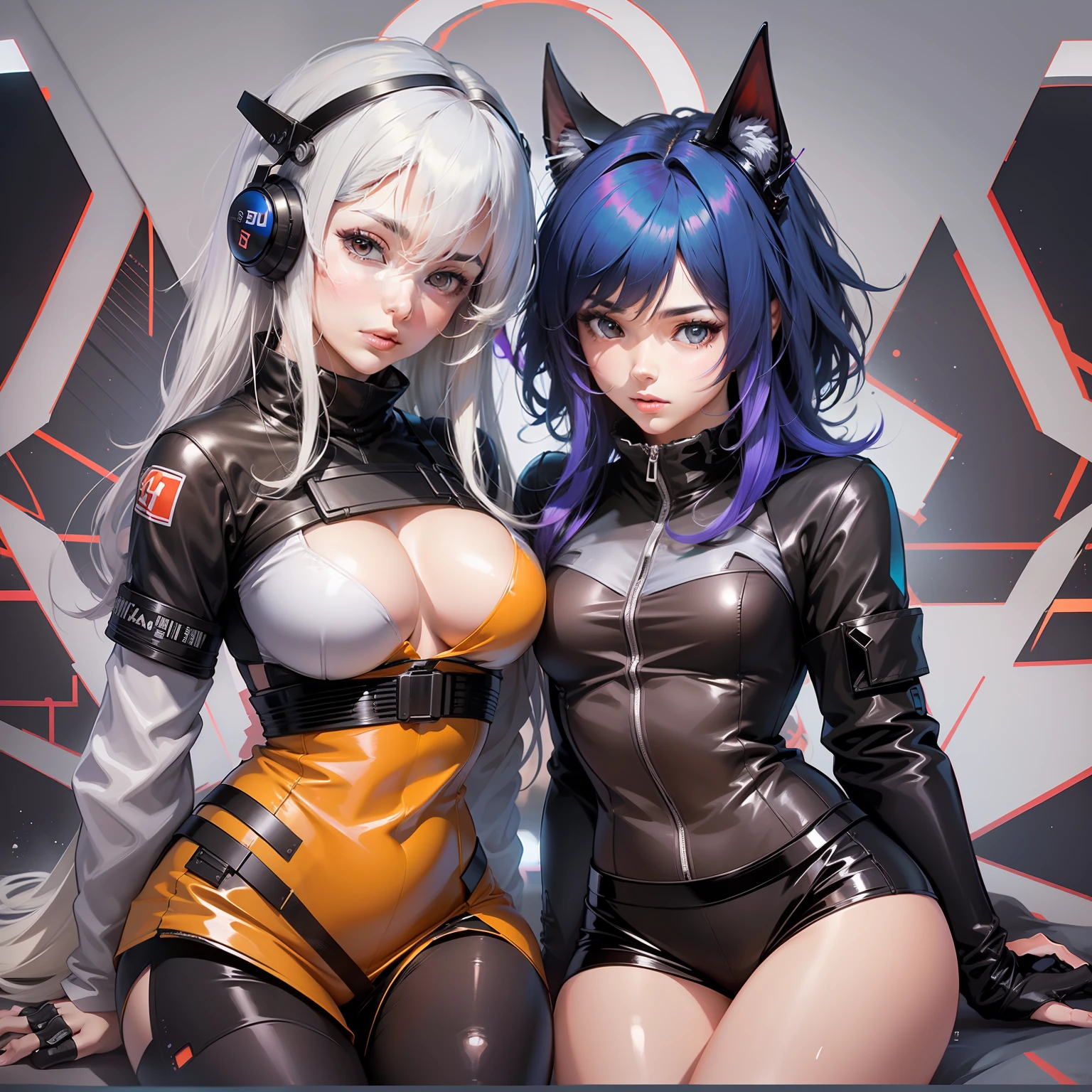 anime - style image of two women in black and white costumes, oppai cyberpunk, focus on two androids, gainax anime style, cutesexyrobutts, black-white skintight robes!, cybersuits, nsfw version, commission for high res, anime robotic mixed with organic, by Shingei, gynoid body