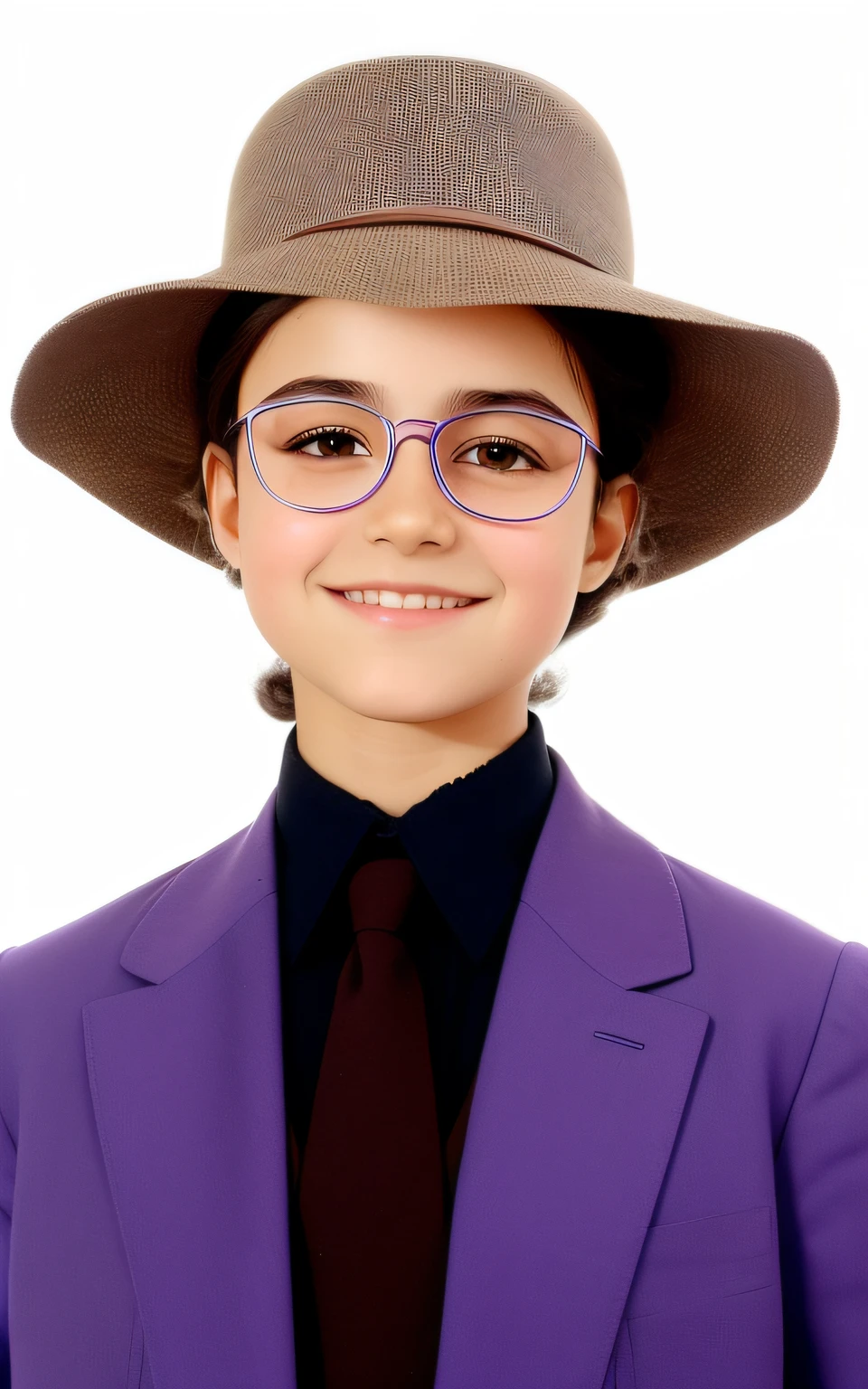 Arafed boy wearing a purple suit and a brown hat, inspirado em Violet Fuller, girl with glasses, menina no terno, inspirado em Violet Oakley, girl wearing round glasses, inspirado em Clarice Beckett, menina em um terno, caracter with brown hat, with square glasses, She is wearing a hat, inspirado em Georges Lemmen