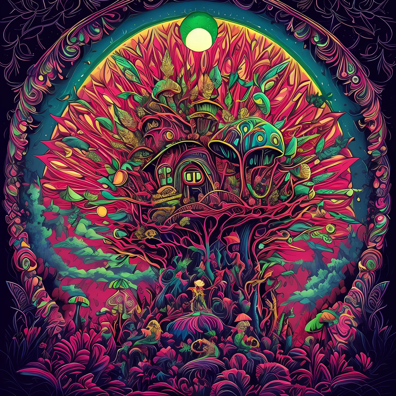 a mushroom head standing on a hill with a bunch of mushrooms with cannabis leaves and a sky composed of mandalas, Arte Trippy, psychedelic mushrooms dream, psychedelic illustration, cogumelo trippy, psychedelic trip, psychedelic acid trip, psychedelics, psychedelic mushrooms, just take a pinch of psychedelic, psychedelic style, Dan Mumford e Alex Grey Estilo, psychotropic psychedelic, psychedelic art style, psychedelic artwork, psychedelic surreal art, psychedelic aesthetic, folhas de cannababis no jardim, and the sky composed of mandalas