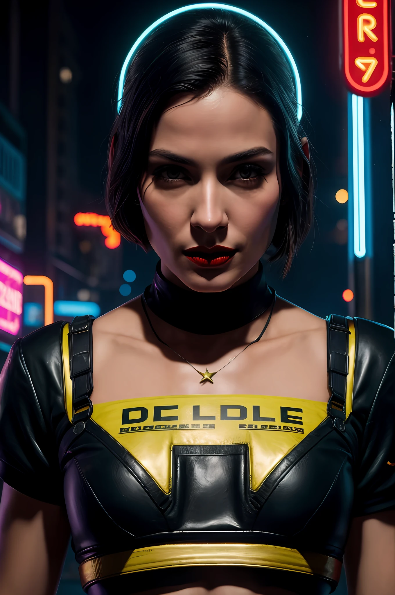 Close-up, neve, uma supermodelo muito bonita, blonde, com quadris muito largos e cintura estreita, full lips, cintura pequena e quadris grandes, Red lipstick, com roupas cyberpunk em uma cidade cyberpunk movimentada com placas de neon, neon lights, foco nítido, Studio photo, detalhes intrincados, altamente detalhado, profundidade de campo, foco nítido, High detail, textura de pele realista, Realistic, fotorrealista, arte digital, pintura fosca, Directed by: Greg Rutkowski