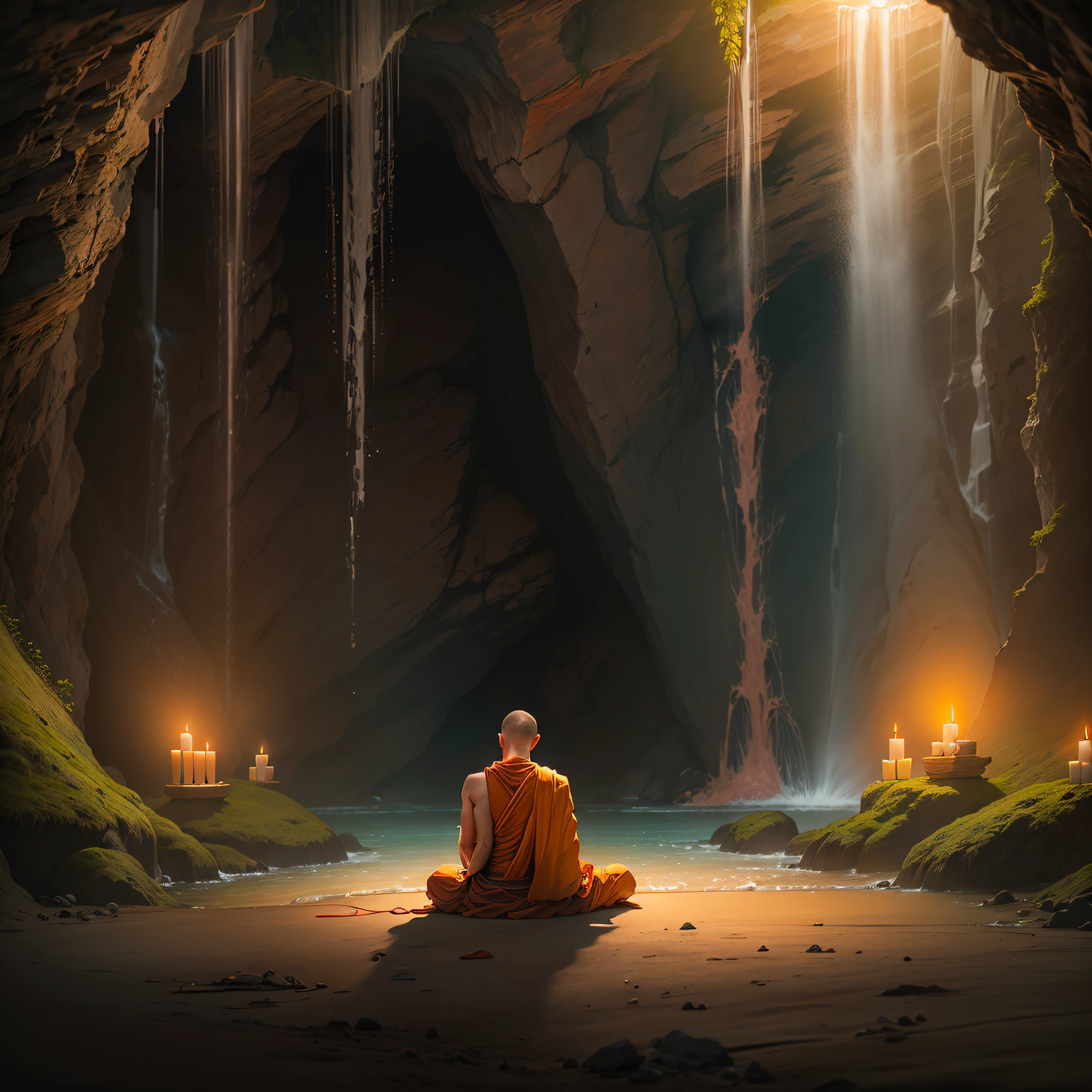 a person sitting in a cave with candles lit up, hindu stages of meditation, monk meditate, meditating, a mystical temple, praying meditating, buddhist monk meditating, glowing temple in the distance, floating in a powerful zen state, buddhism, meditation, buddhist, in a cave with the waterfall, mystical setting, underground temple, mysterious temple setting,