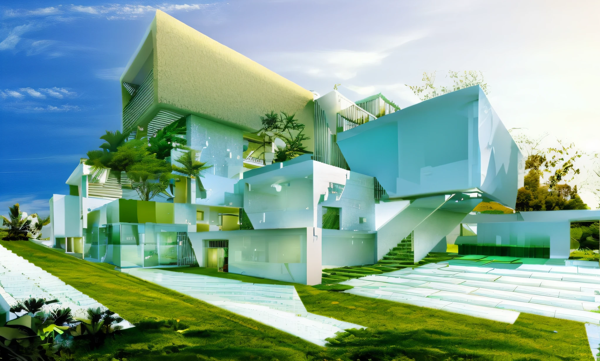 Modern style villa architecture picture, clean sky, clean glass, grass, trees, soft sunlight, (best quality:1.5), architectural photography, photorealistic, ultra realistic, ultra detailed, V-ray
