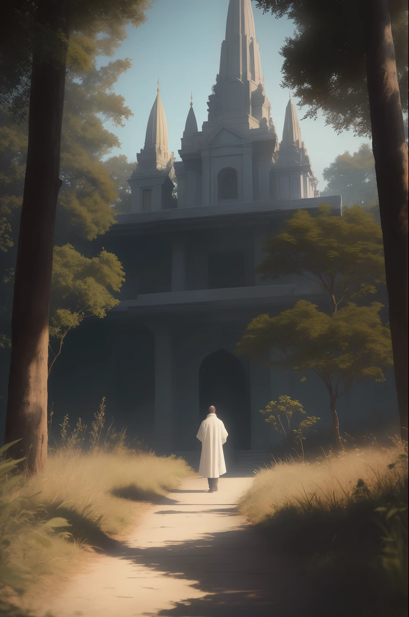 a monk is meditating, wearing a white robe in the temple, the temple is in the forest, raw photo, surreal photo, unreal engine 4, 8k, super sharp, detailed colors, wide color coverage , extreme scene detail, shading, anti-aliasing, error detail smoothing,raw photo, surreal image, unreal engine 4, 8k, super sharp, detailed colors, wide color coverage, extremely high scene detail, shading, anti-aliasing, error detail smoothing, raw photo, surreal photo, unreal engine 4.8k, super sharp, detailed color, wide color coverage, scene detail extremely tall object , (8k, RAW photo, best quality, masterpiece:1.2), (realistic, photo-realistic:1.37),modelshoot style, (extremely detailed CG unity 8k wallpaper),professional majestic oil painting by Ed Blinkey, Atey Ghailan, Studio Ghibli, by Jeremy Mann, Greg Manchess, Antonio Moro, trending on ArtStation, trending on CGSociety, Intricate, High Detail, Sharp focus, dramatic, photorealistic painting art by midjourney and greg rutkowski, scene detail extreme objects, shading, anti-aliasing, error detail smoothing