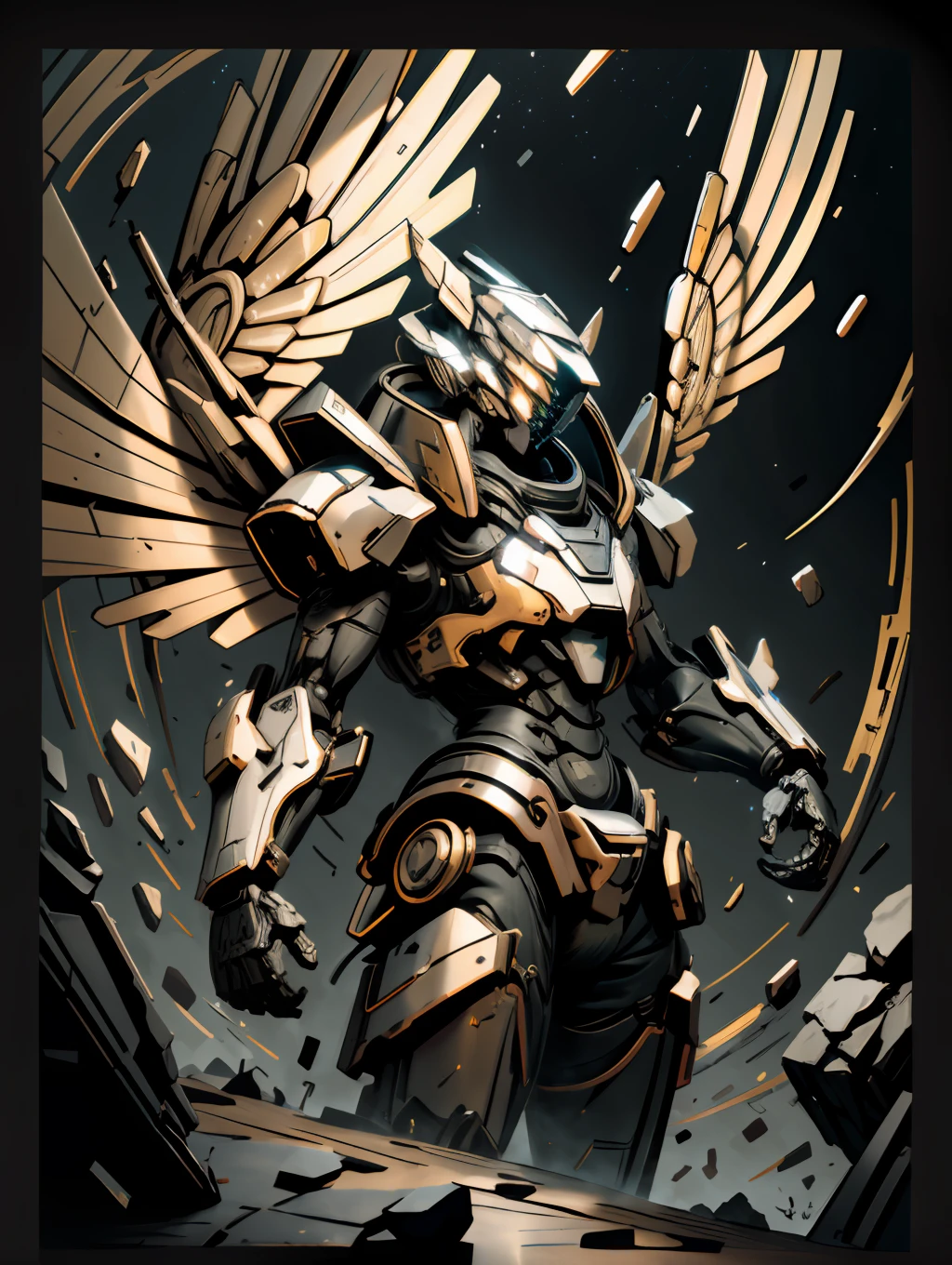 ((Best quality)), ((masterpiece)), (highly detailed:1.4) ,HDR (High Dynamic Range),Ray Tracing,V0id3nergy,mecha,cool style，A mech angel，It has many pairs of wings like wings on its back，The whole body is black and gold light，Shines，Suspended above the ground,NVIDIA RTX,Super-Resolution,Unreal 5,Subsurface scattering,PBR Texturing,Post-processing,Anisotropic Filtering,Depth-of-field,Maximum clarity and sharpness,Multi-layered textures,Albedo and Specular maps,Surface shading,Accurate simulation of light-material interaction,Perfect proportions,Octane Render,Two-tone lighting,Wide aperture,Low ISO,White balance,Rule of thirds,8K RAW, (Full body photo)，（dangling），Keep your feet off the ground，The background is a night sky full of lightning and lightning，Glows gold，horizon,Quadruped machinery,robot, no humans, mecha，Angel appearance，Look down at the ground，realisticlying，Photorealistic photos