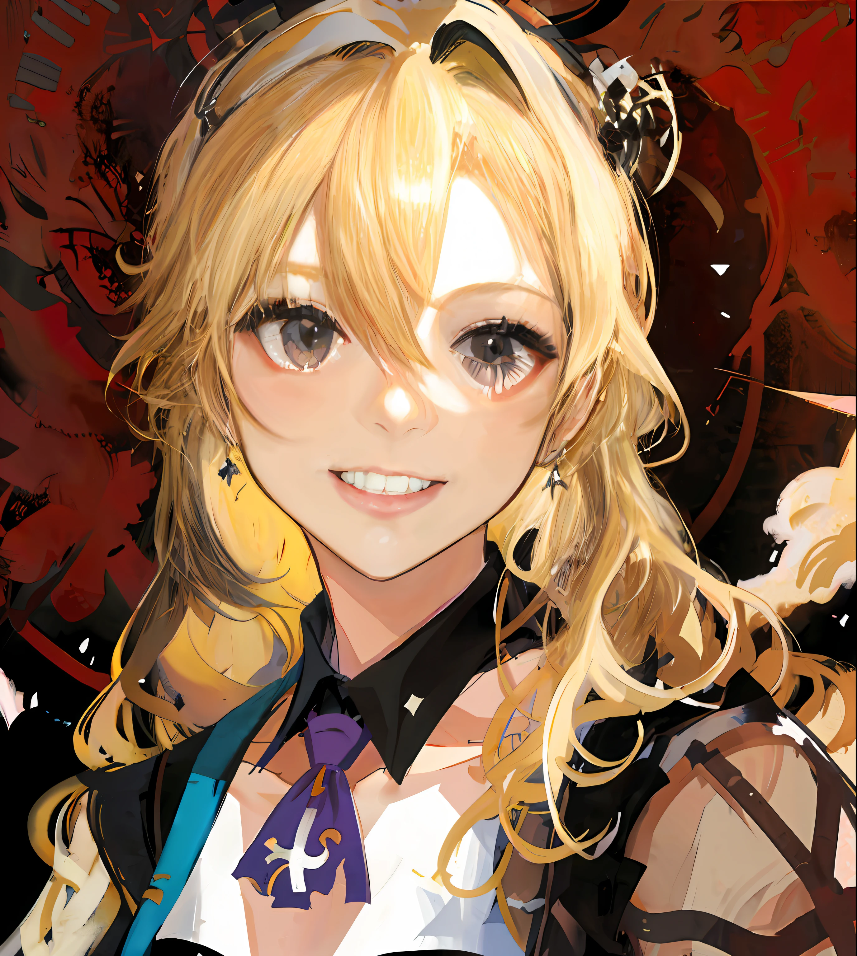 A painting of a woman with long hair and tie, clean anime outlines, Line sketch, Line sketch!!, anime sketch, clean lineart, Simple lines of art, inspired by Jin Homura, anime portrait of shiina ringo, linear art, perfect lineart, flat anime style shading, Outline sketch, thick black lineart, anime shading),The hair is blonde,Black eyes,The smile looks grim,A grim smile