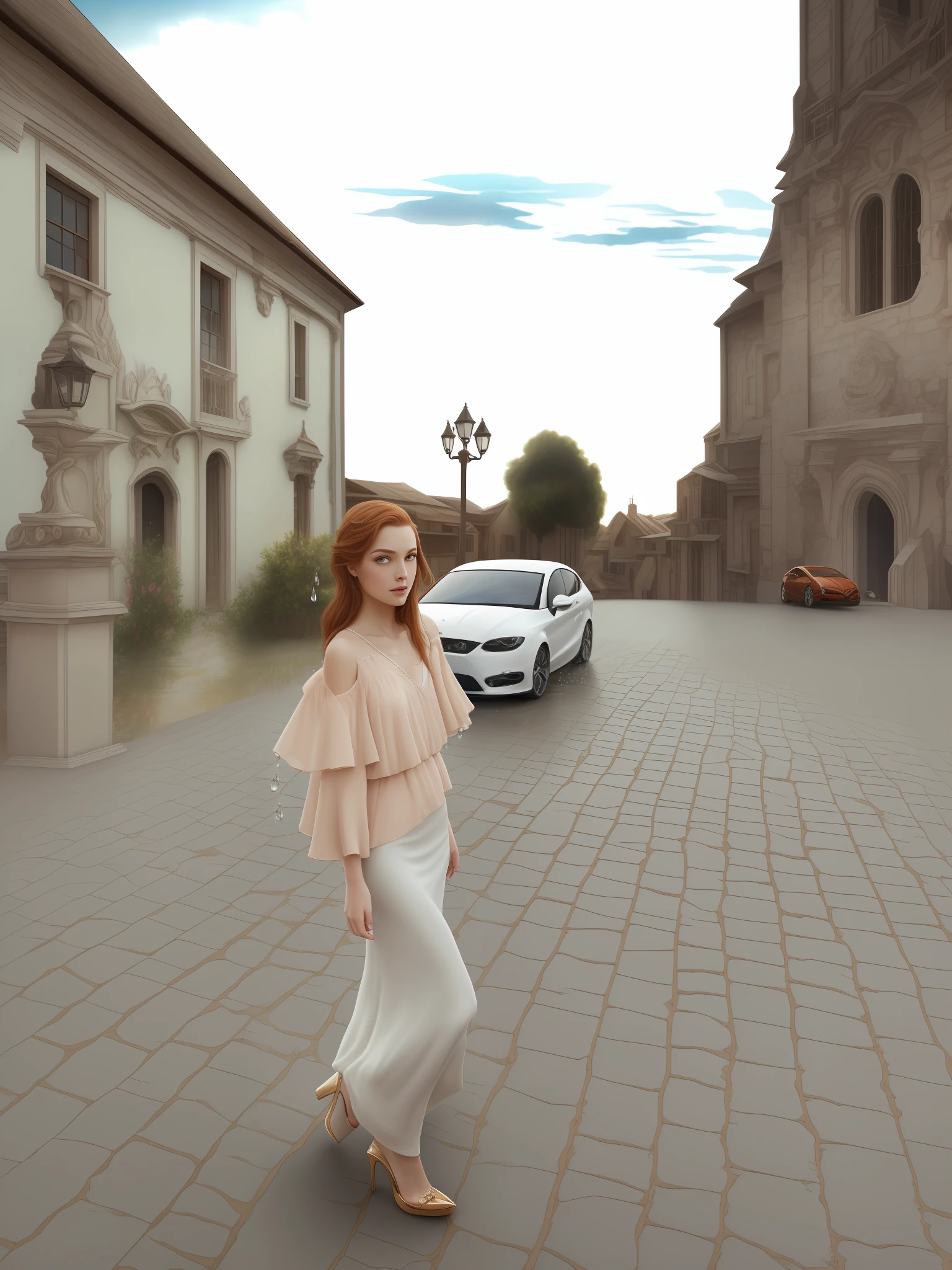 work of art, Highest Quality, amazing detailing CG unity 8k wallpaper, the best illustration, Beautiful and graceful, Soaring, hight resolution, Dynamic viewing angle, Dynamic posture, 1 girl, Cyan eyes, (1.3 + redhead hair: beatiful face, a lot of water droplets, clouds, nightfall, Wide Frame