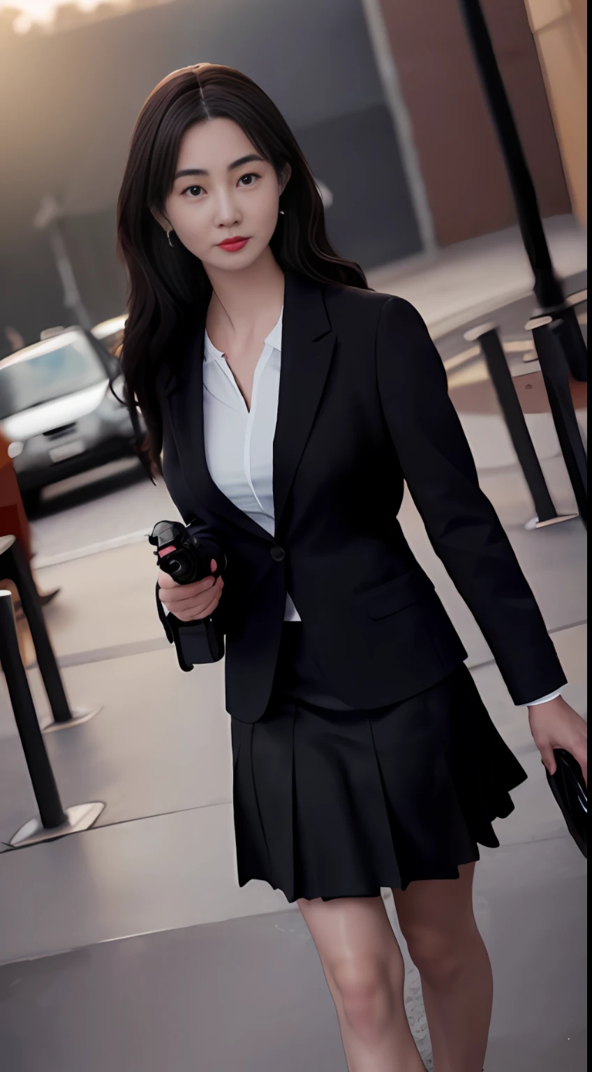 best quality, masterpiece, 1girl, Beautiful face, (photo realistic:1.3), rim lighting, (high detailed skin:1.2), 8k uhd, dslr, high quality, high resolution, 4k, 8k, Bokeh, absurdres, best ratio four finger and one thumb, (realistic:1.3), cute 1girl, wearing black formal blazer, medium breasts, short skirt,