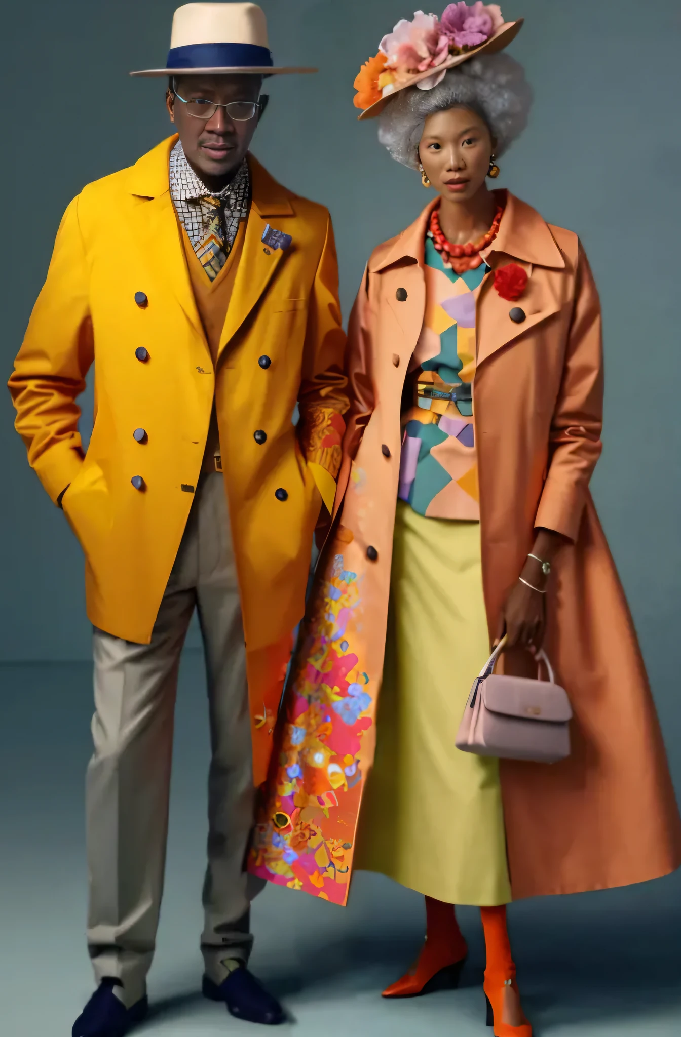 a couple of people in colorful outfits posing for a picture, photo from vogue magazine, high - end fashion photoshoot, official prada editorial, by derek zabrocki, by Jeka Kemp, official vuitton editorial, editorial photo from magazine, by Adam Saks, in style of nadine ijewere, colorful fashion, dressed in expensive clothes, maximalist fashion