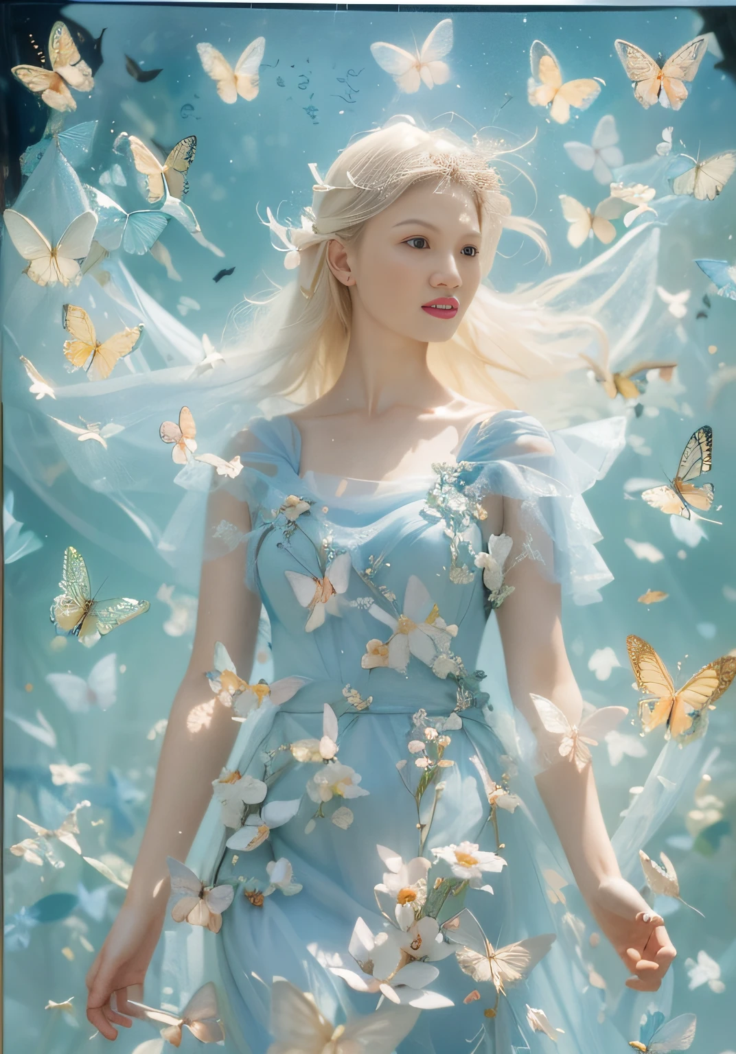 Arad woman in blue dress surrounded by butterflies, ethereal fairytale, a stunning young ethereal figure, Incredibly ethereal, ellie bamber fairy, Ethereal beauty, Zhang Jingna, Margot Robbie plays a fairy, fairy aesthetics, elle fanning), author：yanjun cheng, monia merlo, portrait of a fairy, portrait of fairy, Ethereal fantasy, inspired by Yanjun Cheng