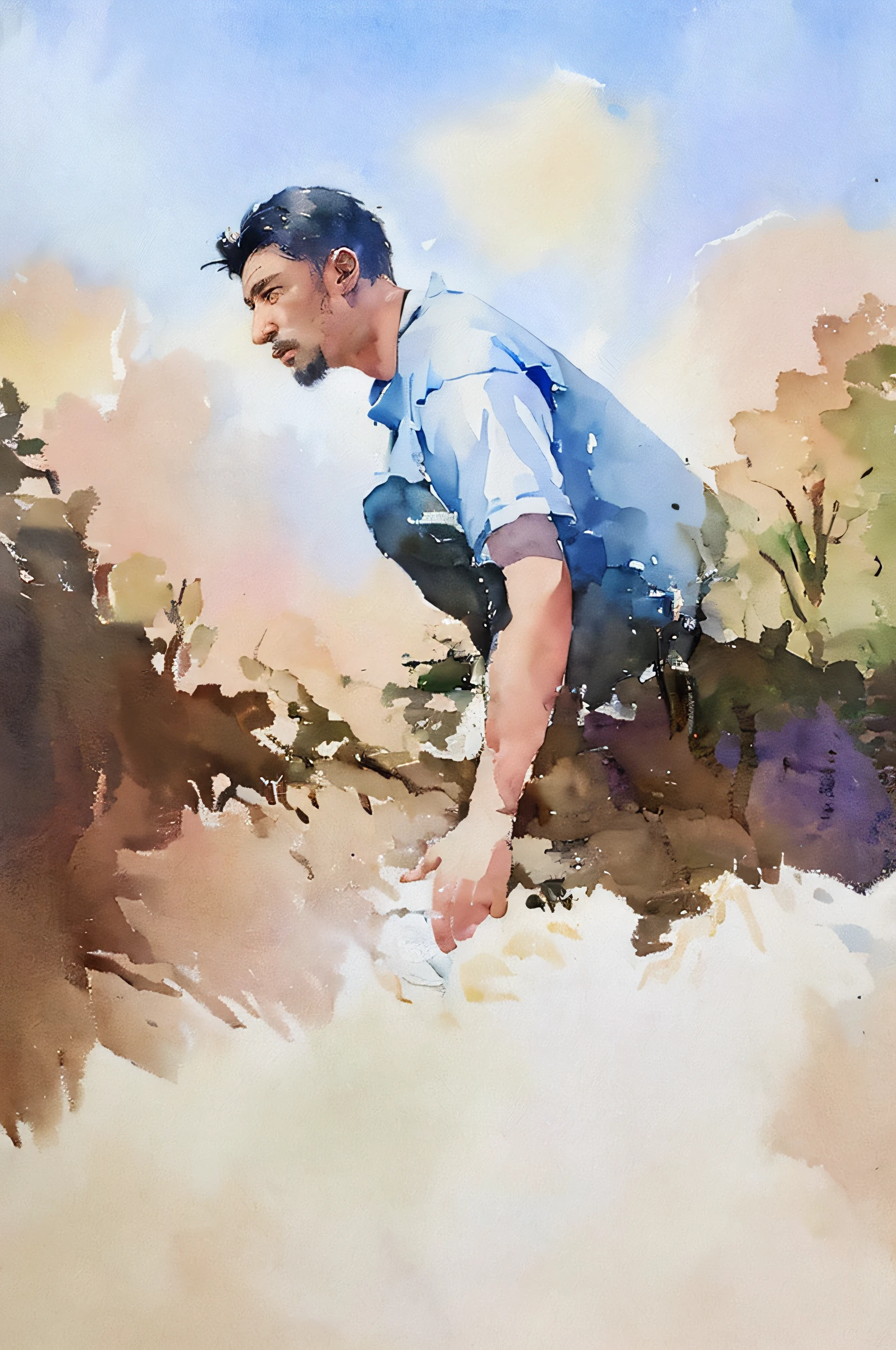 masterpiece, 1father with mature face, with one 7-year-old kid, looking up, bathing in stream, partially immersed, from side, upper body, modern suit, country side view, sky, cloud, (highly detailed), (realistic), vivid color, bright, deep shadows, dynamic light, watercolor, more empty space on top, ultra high quality, fathers day