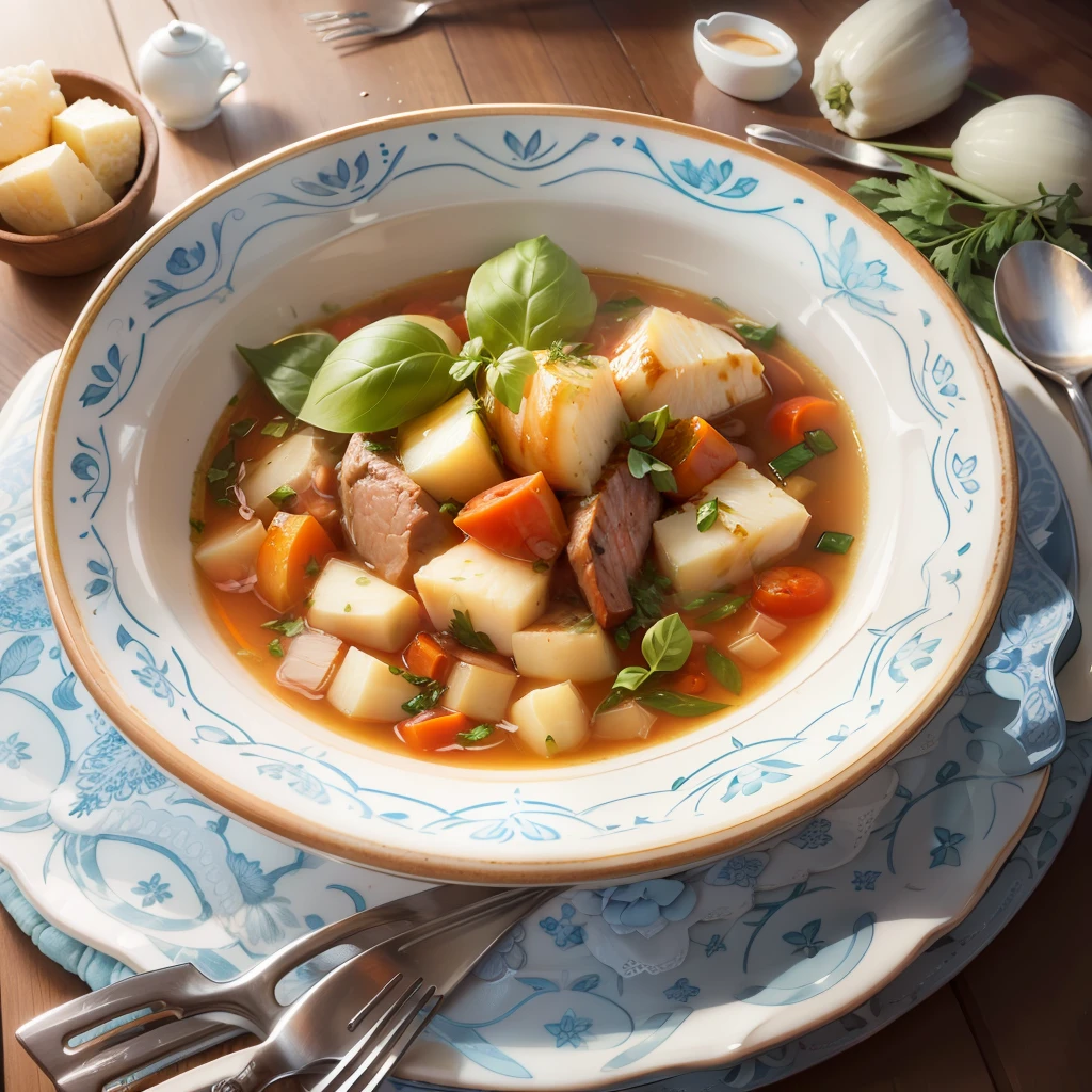 a beautiful white and blue plate resting delicately on the table, exhaling the comforting aromas of a colonial soup with vegetables potatoes, carrots, very vibrant red diced tomatoes, basil leaves, meat cubes, homemade pasta green seasonings, hyperrealistic. The soup's golden tones and velvety texture create an appetizing image,A dining experience that combines home-made flavor with the charm of carefully chosen details,8k --auto